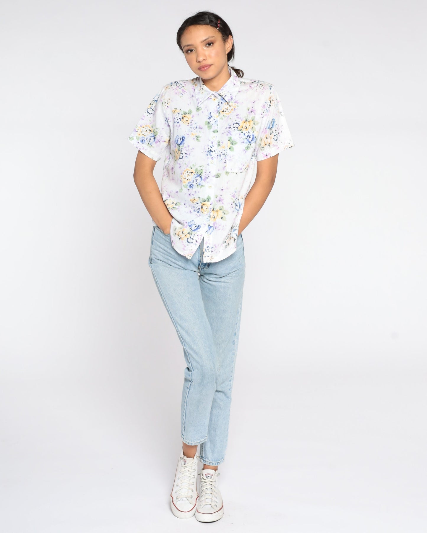 90s Blue Floral Button-Up Shirt Short Sleeve Cotton Blouse Small Petite