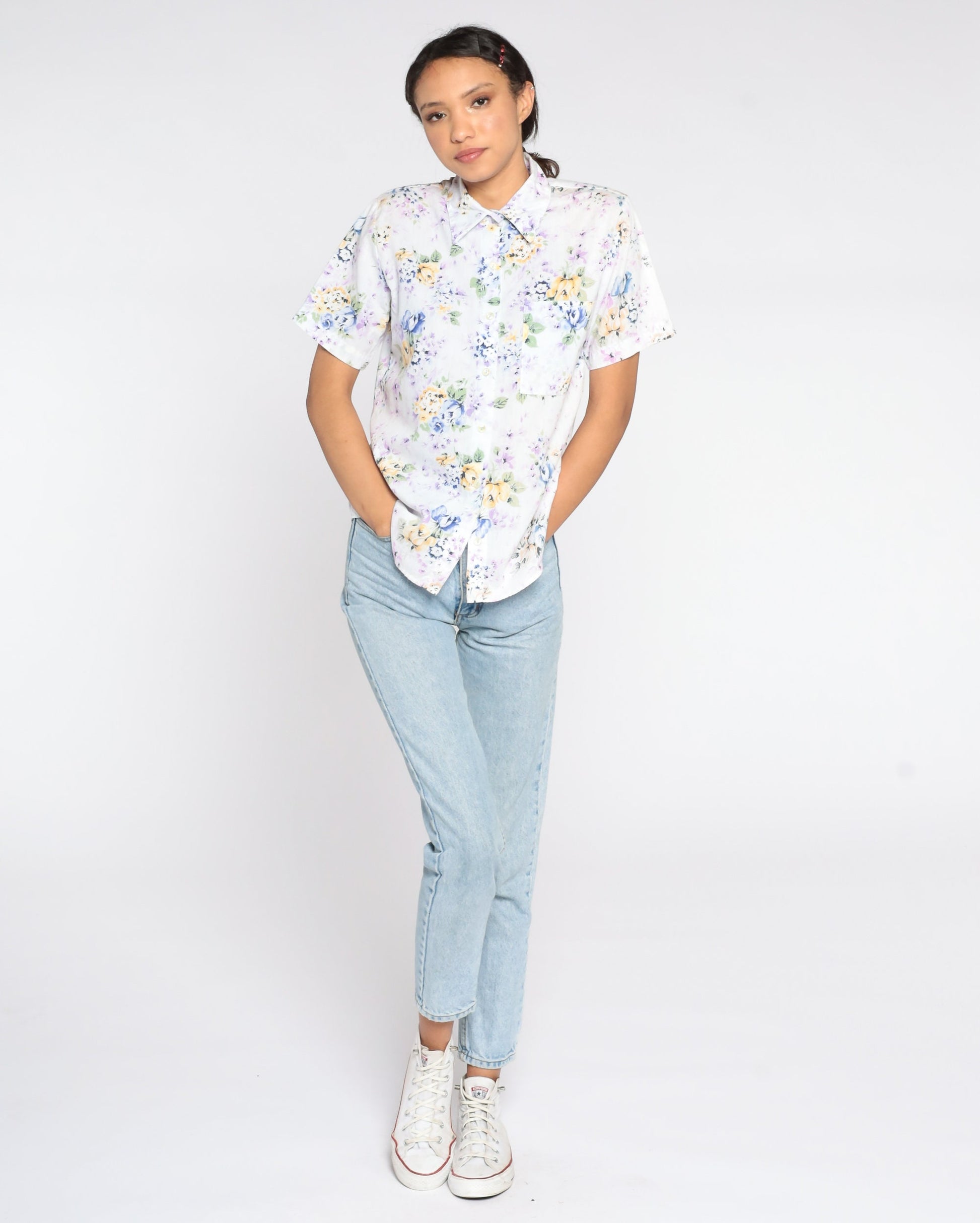 90s Blue Floral Button-Up Shirt Short Sleeve Cotton Blouse Small Petite
