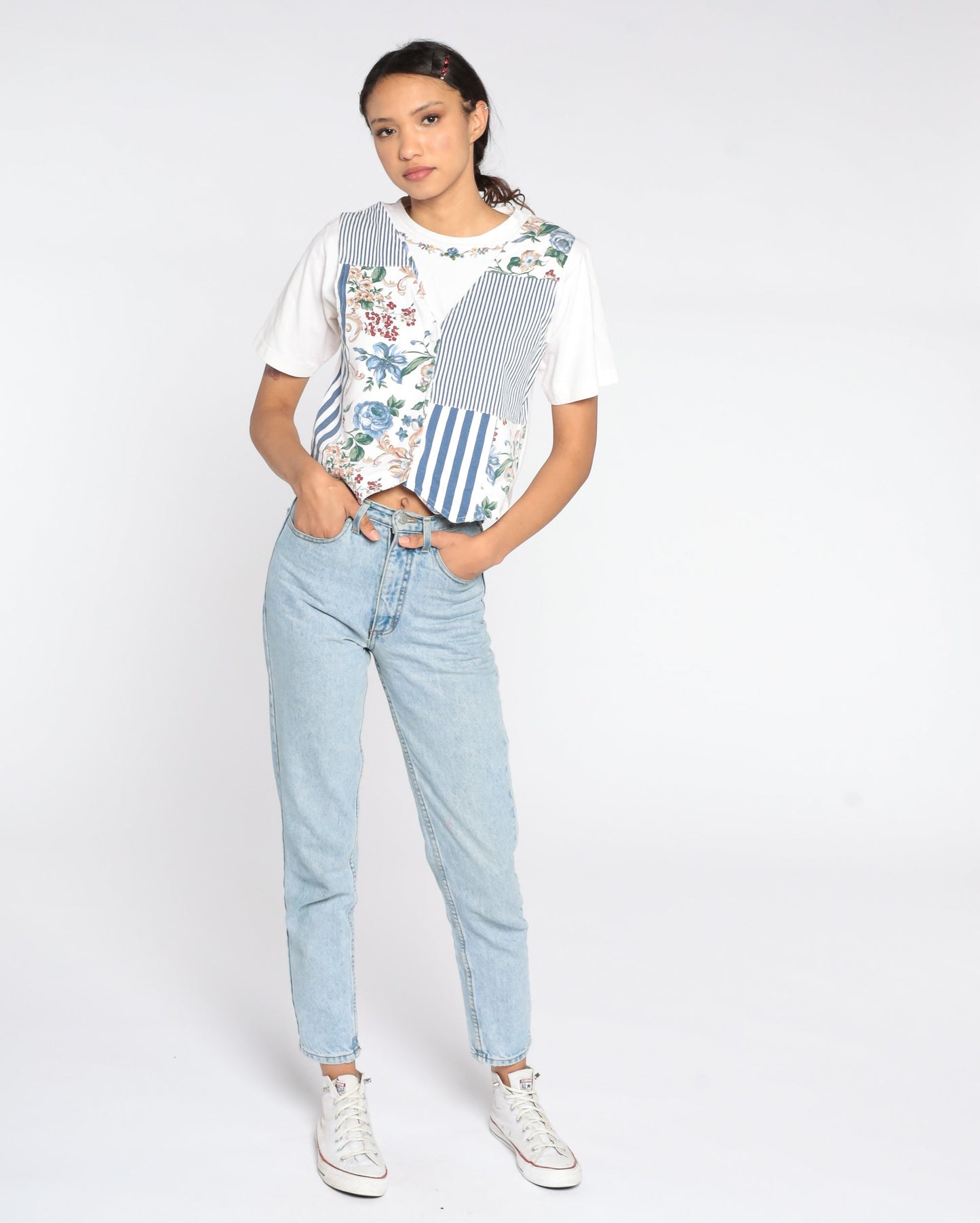 90s Floral T-Shirt White Graphic Tee Attached Vest Cotton Small Petite