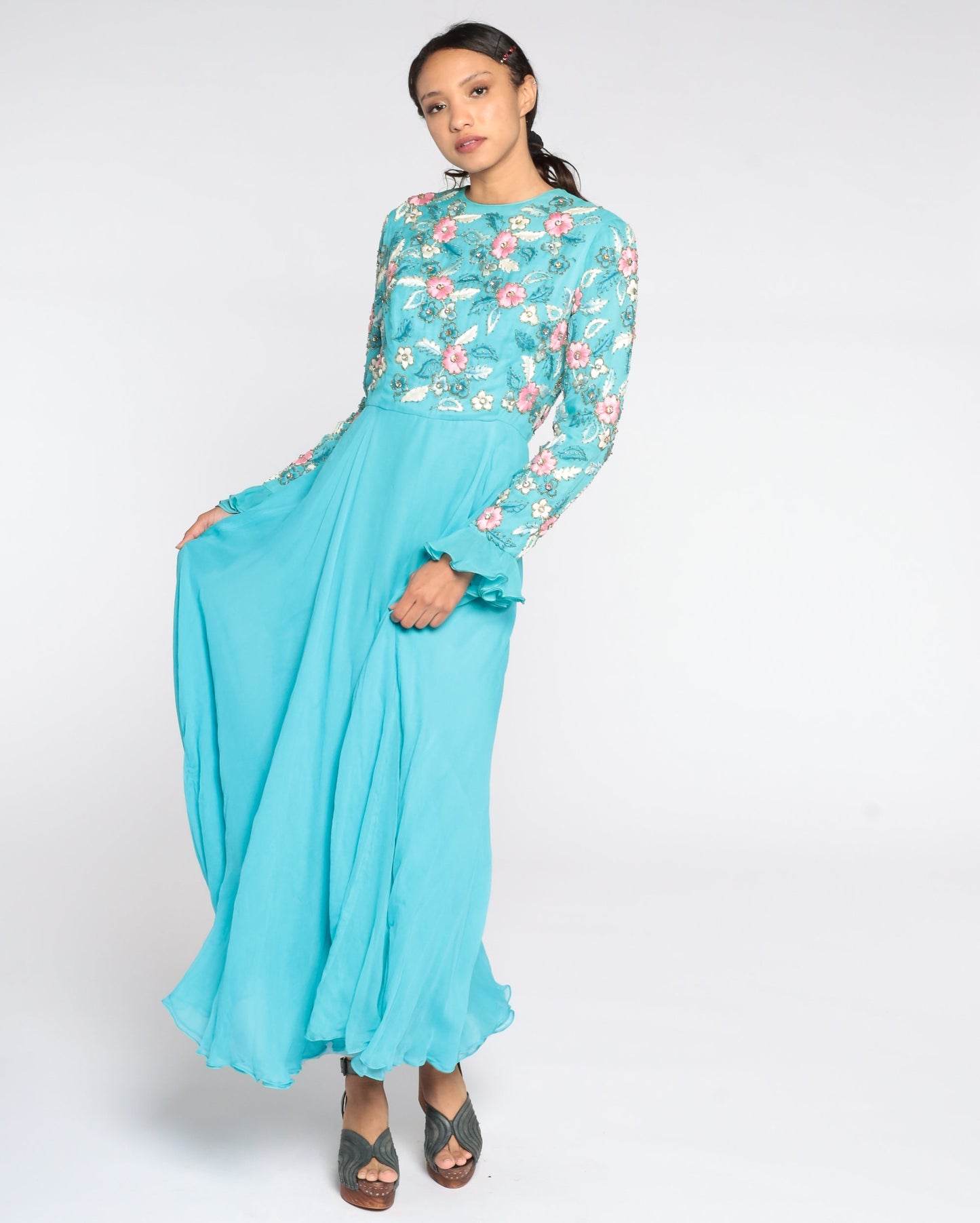 70s Blue Chiffon Maxi Dress Floral Embroidery High Waist Long Sleeve Medium