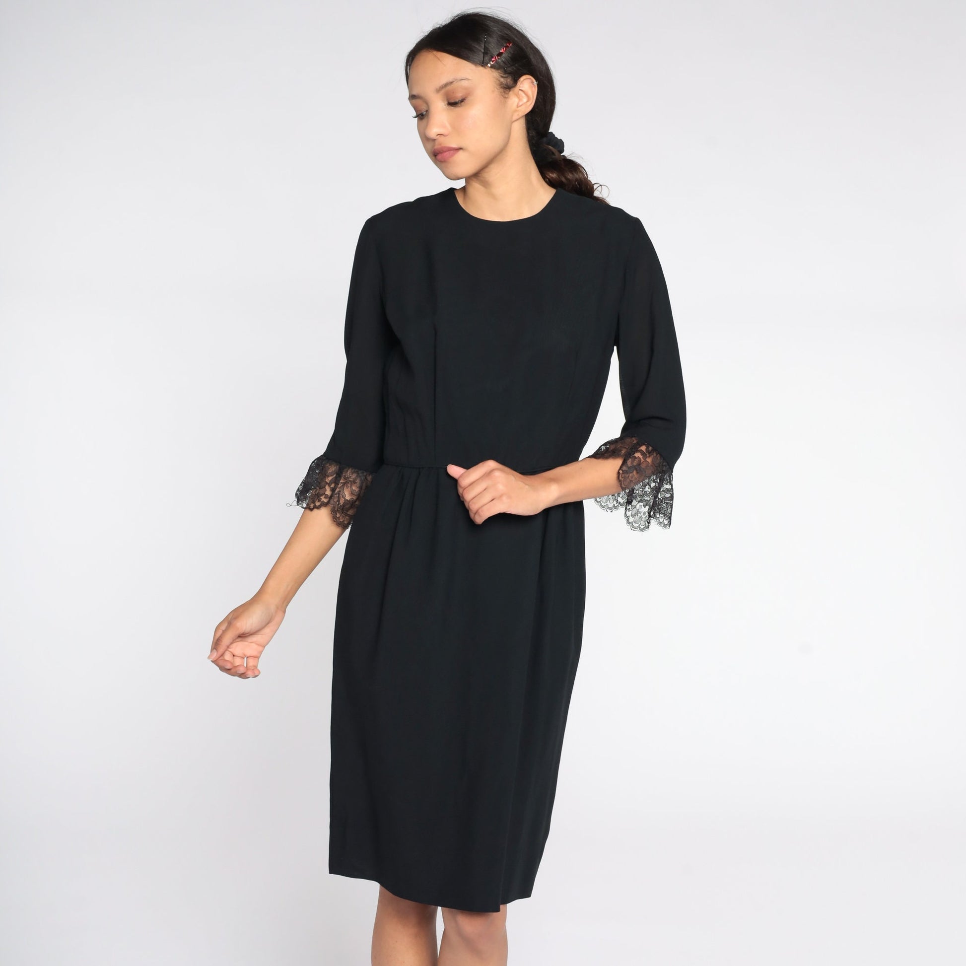 1960s Black Lace Sheath Dress High Waist Tea Length Small