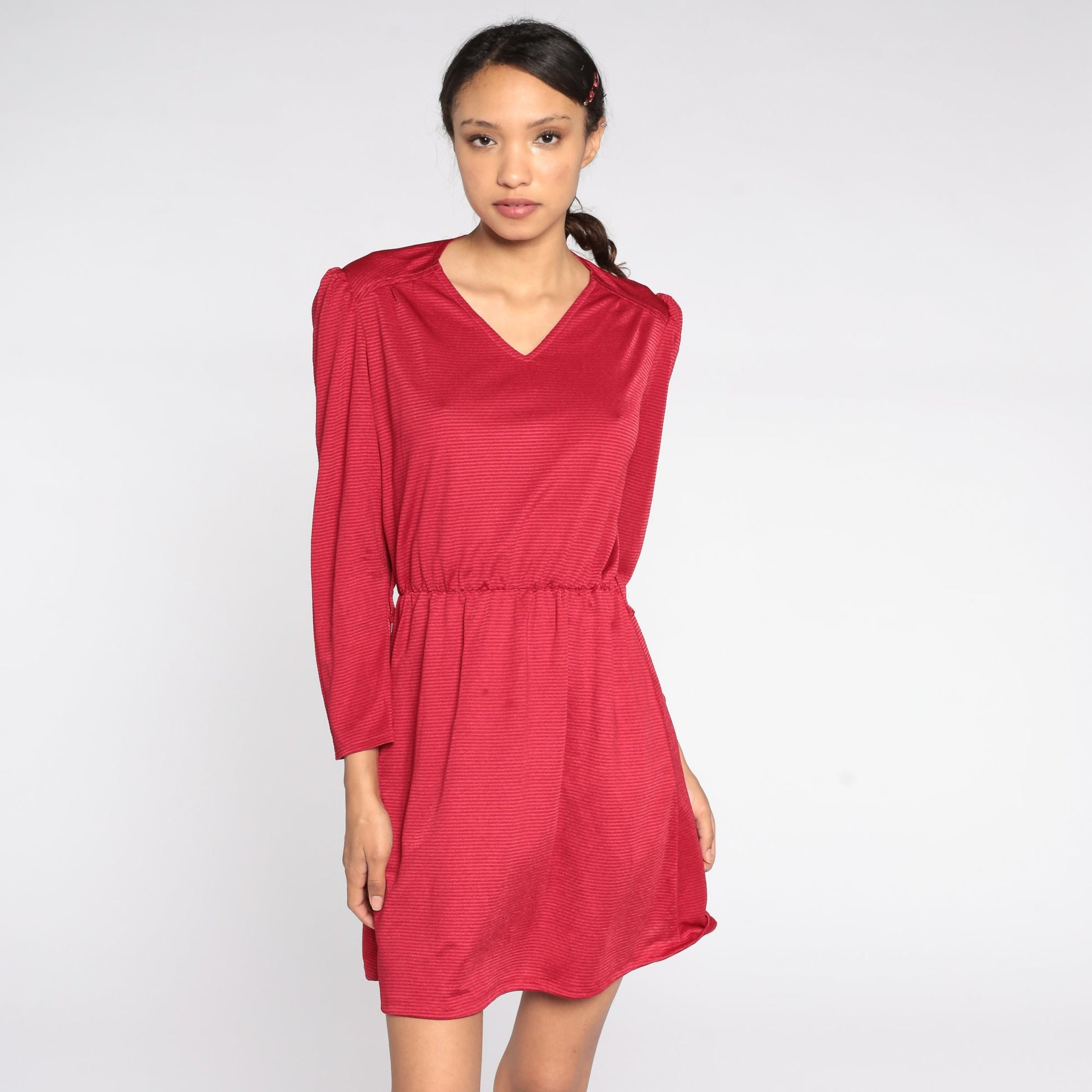 80s Cherry Red Striped Mini Dress Puff Sleeve V-Neck Elastic Waist Small