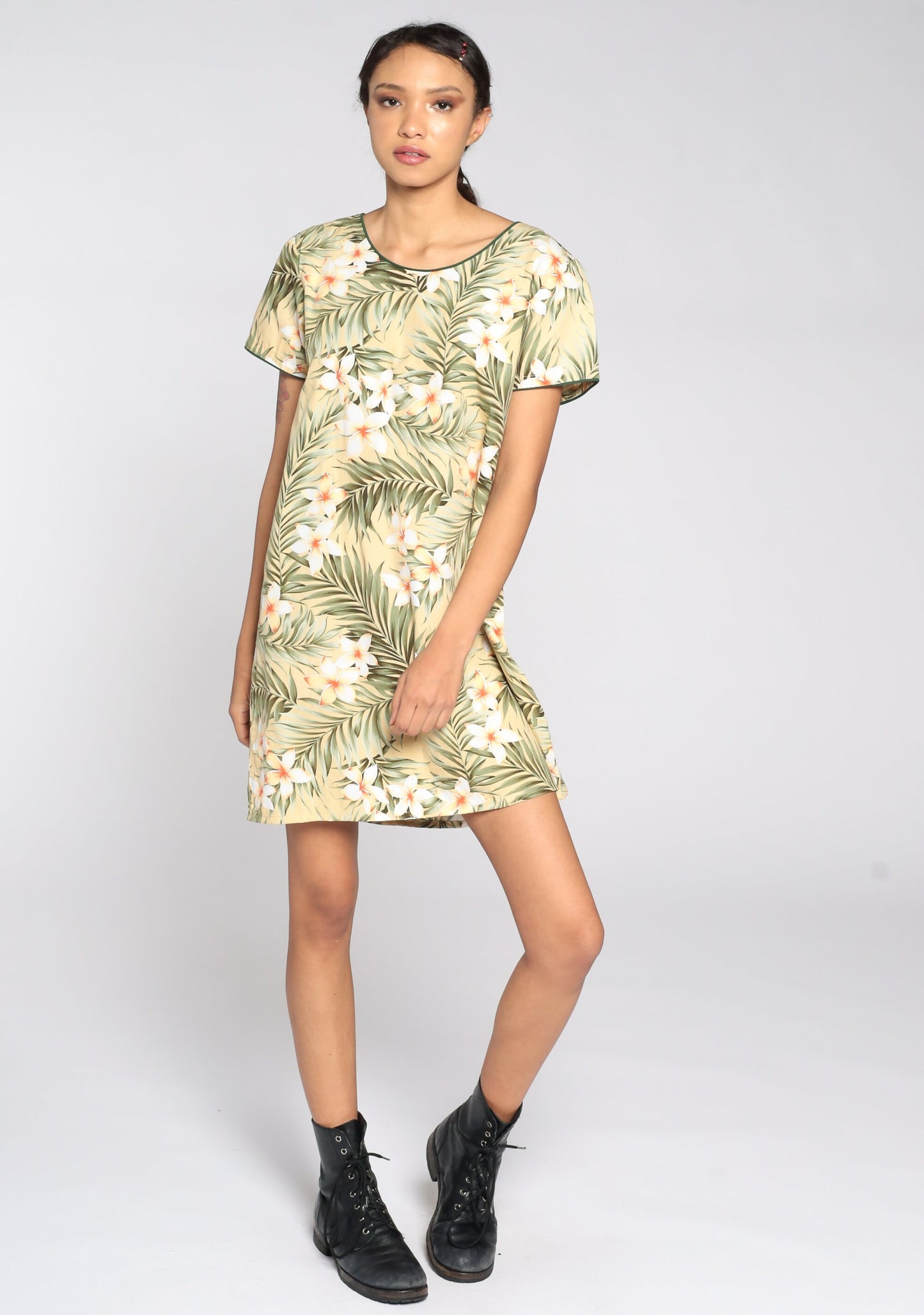 90s Tropical Floral Mini Dress Yellow Shift Cotton Short Sleeve Medium