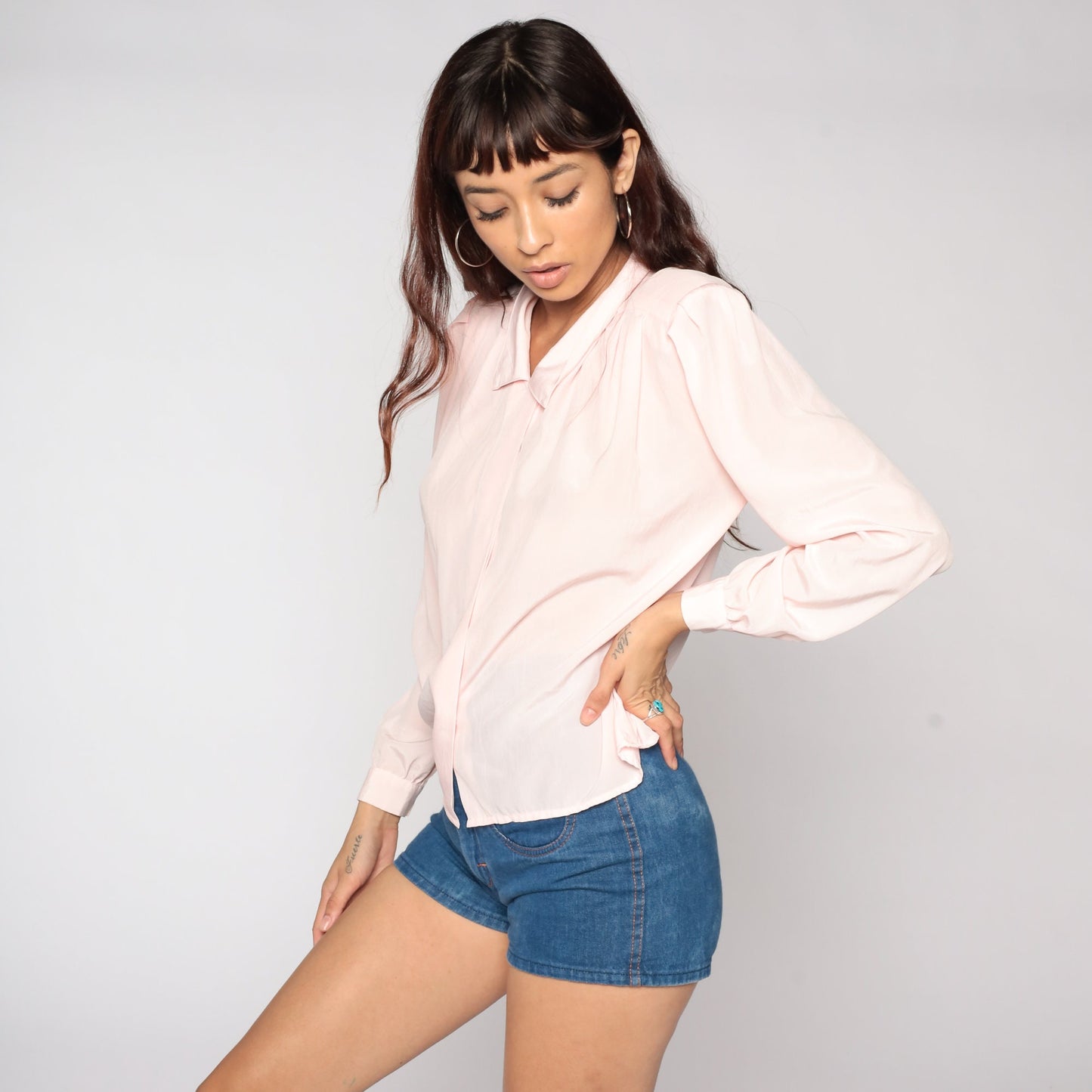 80s Baby Pink Puff Sleeve Button-Up Blouse Collar Shirt Medium