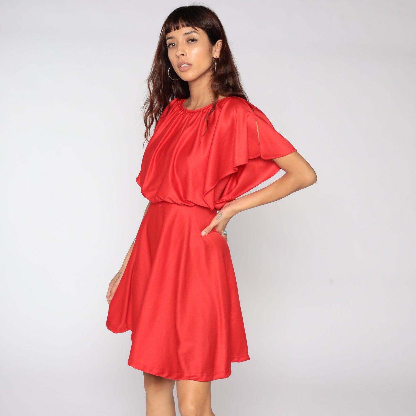 70s Red Grecian Mini Dress High Waist Flutter Sleeve Capelet Small