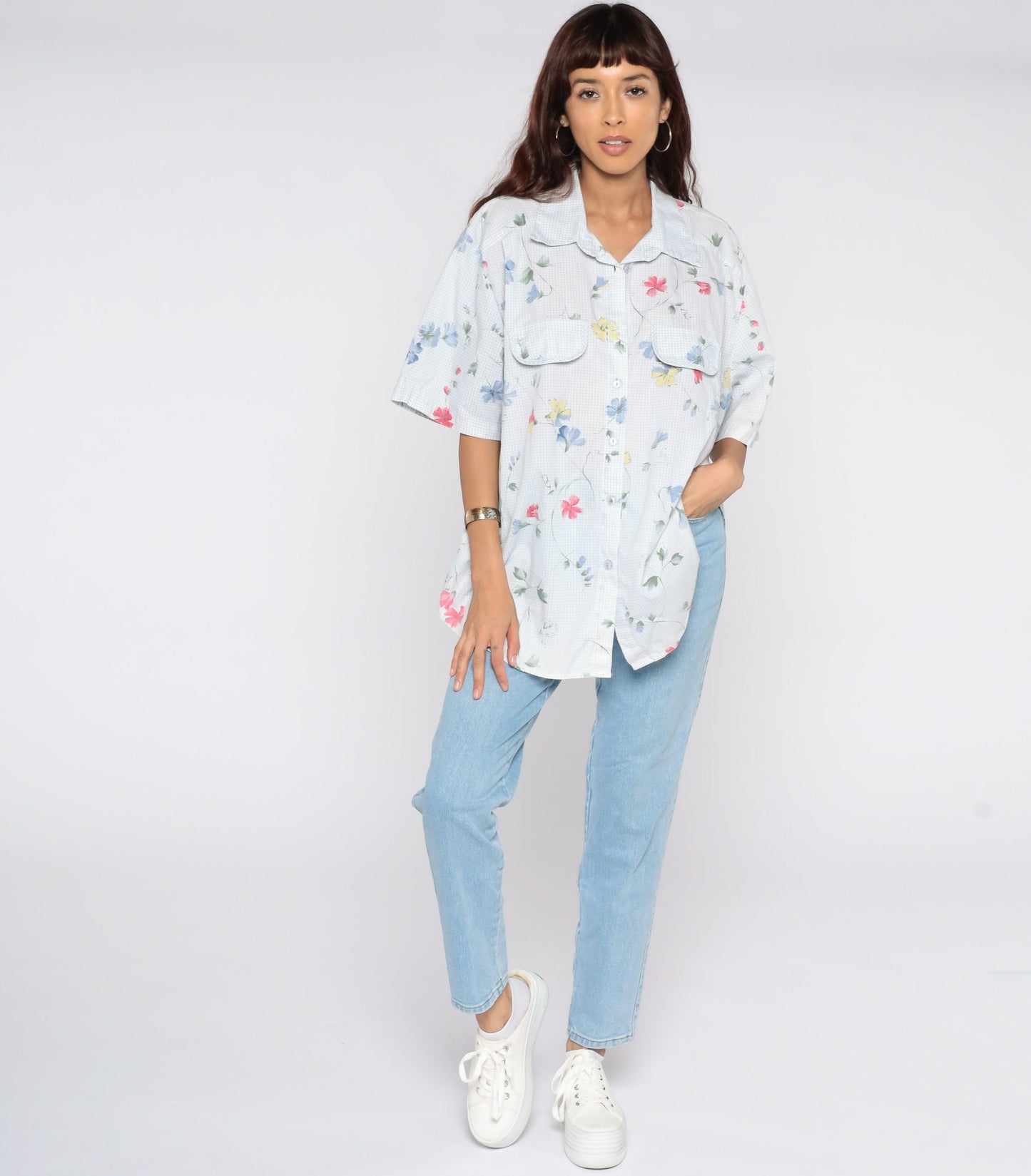 90s Floral Button-Up Blouse Blue Gingham Short Sleeve Shirt Plus Size 20W