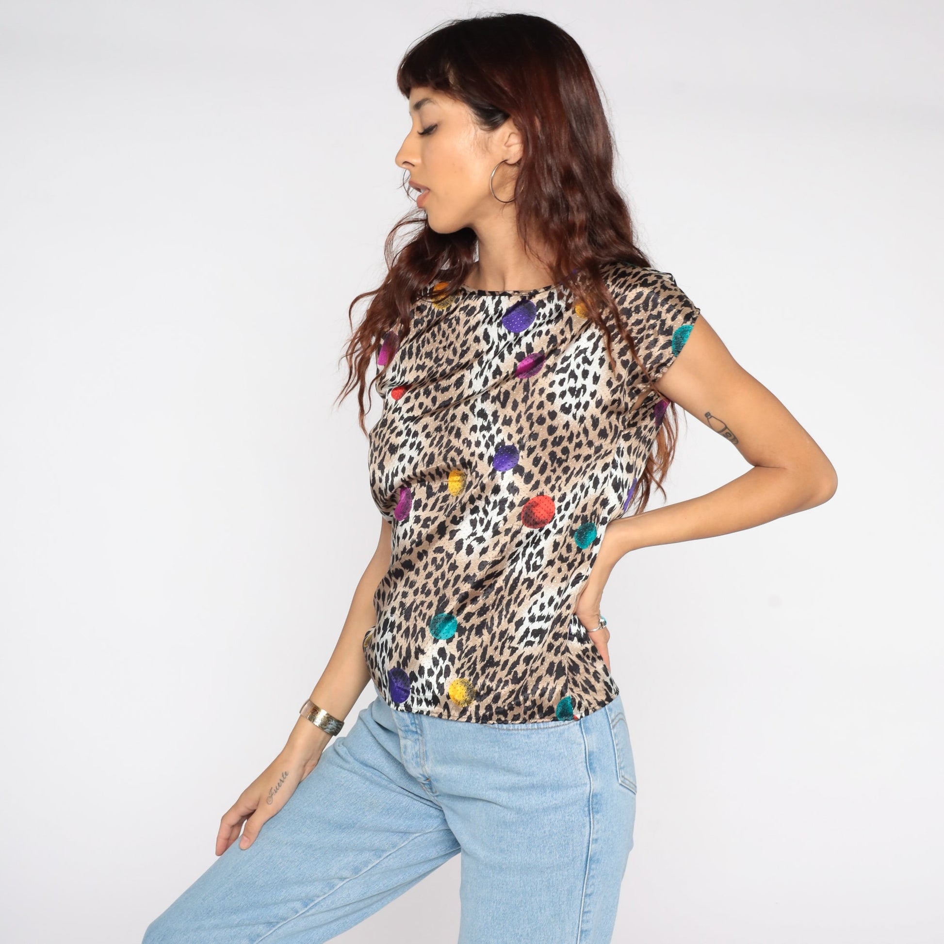 80s Leopard Print Blouse Short Sleeve Animal Print Vintage Shirt Small S