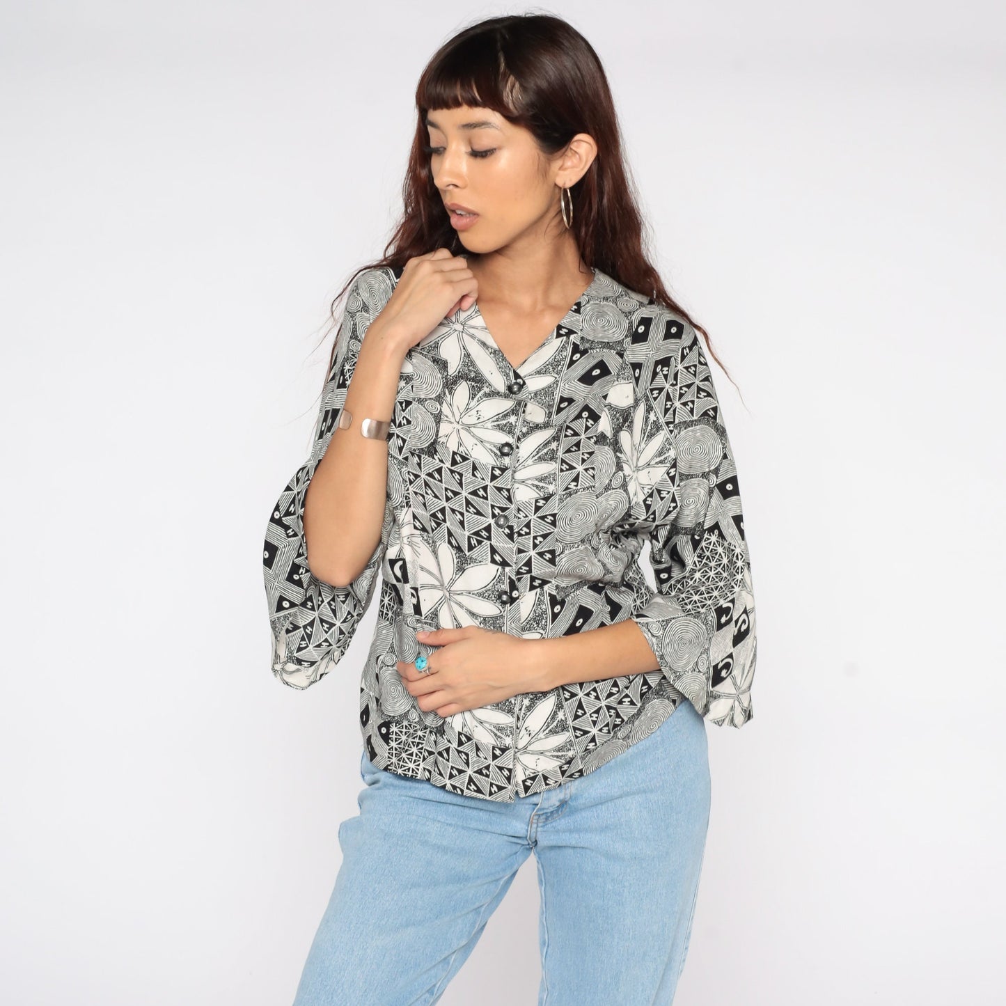 90s Black Floral Button Up Blouse Bell Sleeve Shirt Small Medium