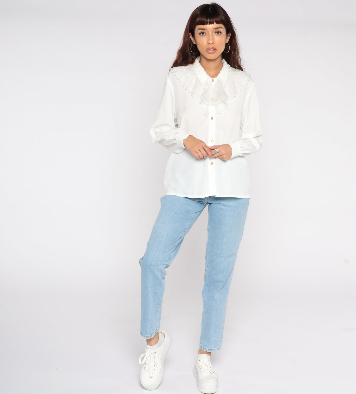 80s White Tuxedo Ruffle Blouse Long Sleeve Button Up Large