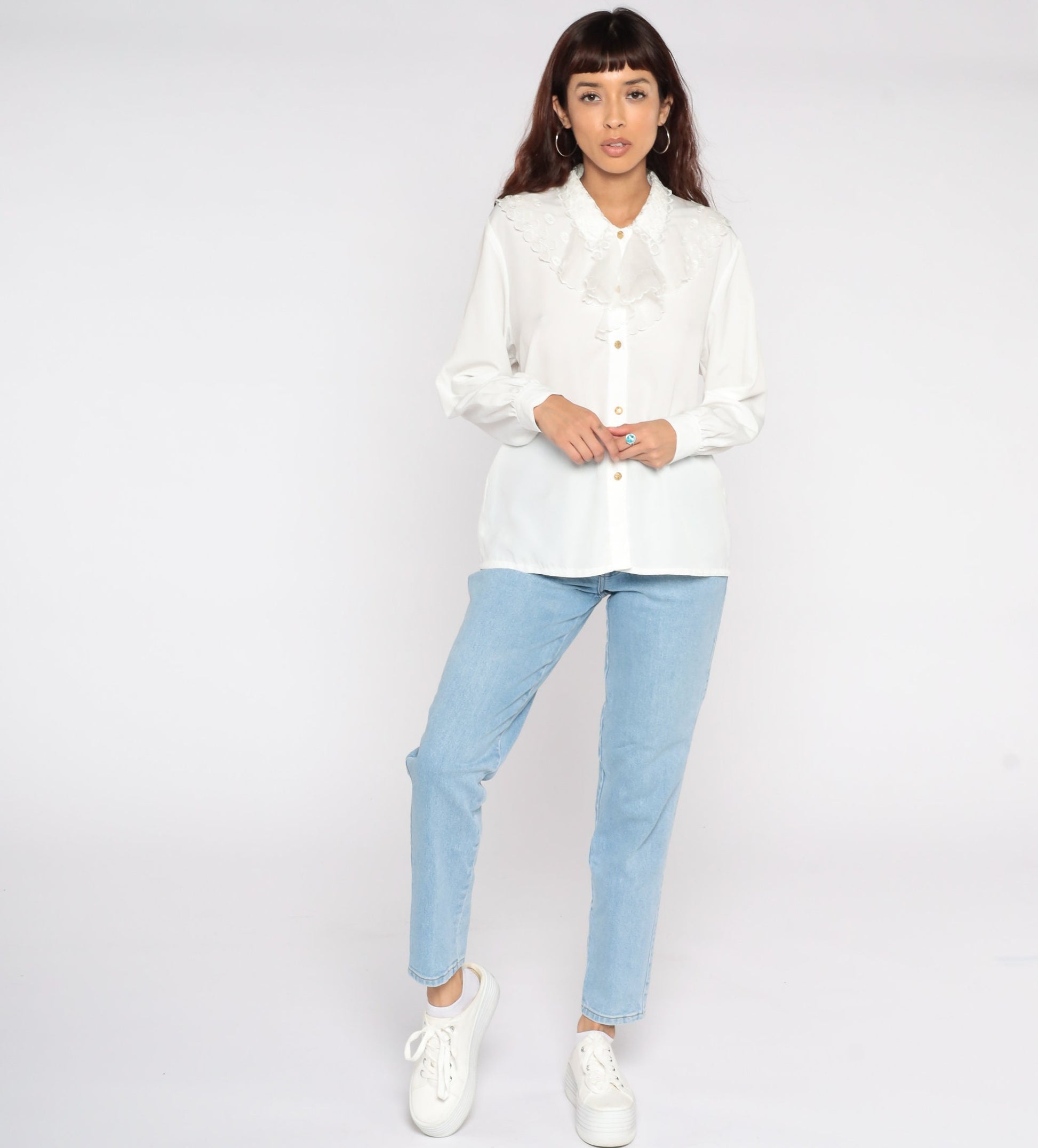 80s White Tuxedo Ruffle Blouse Long Sleeve Button Up Large