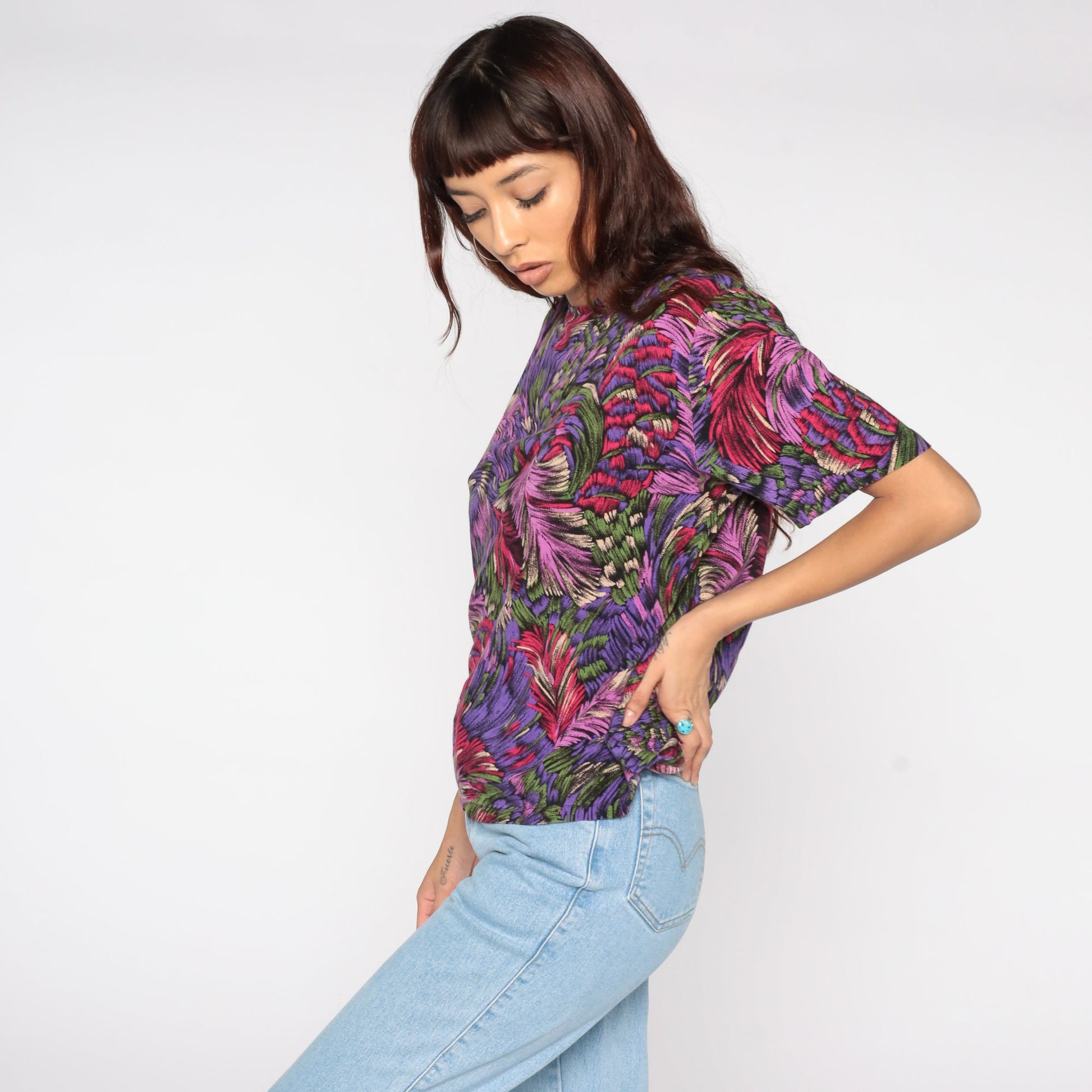80s Feather Print Shirt Purple Graphic Blouse Medium