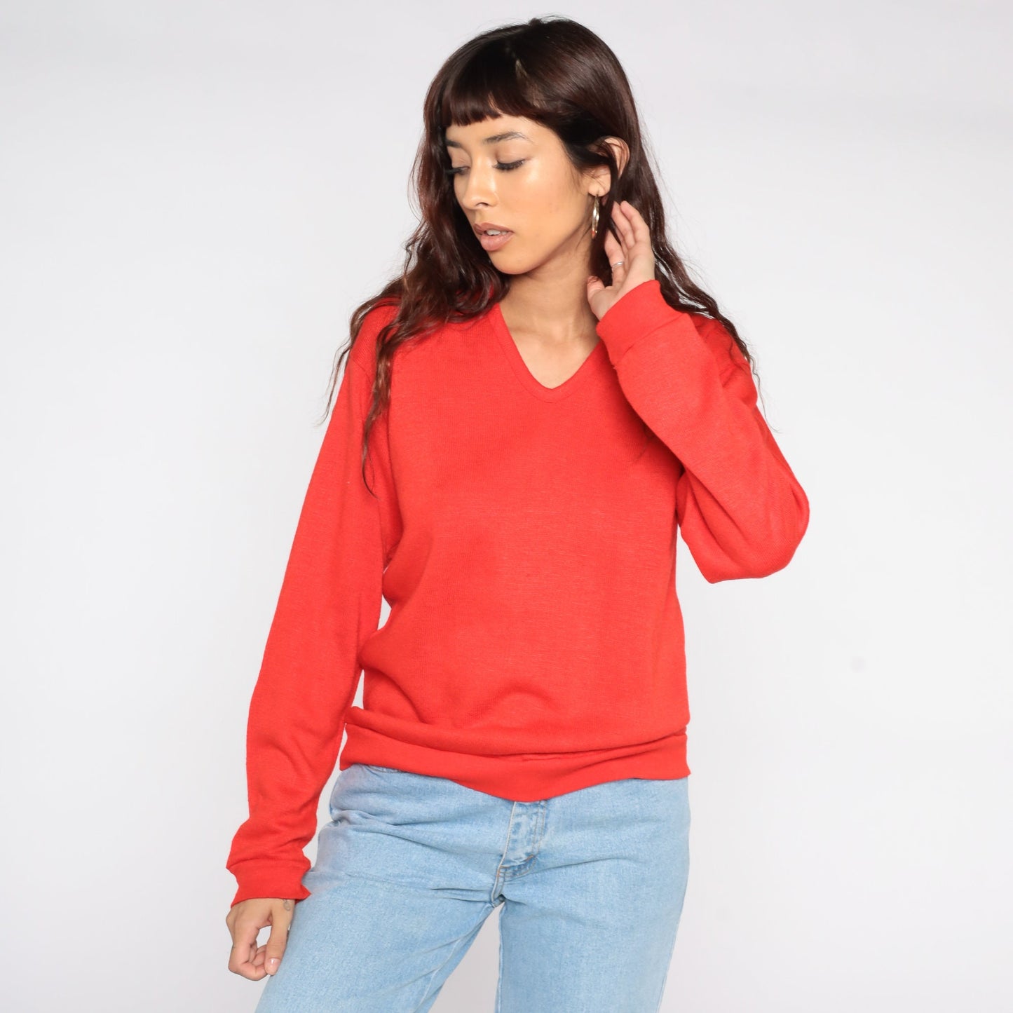 80s Red V-Neck Knit Sweater Slouchy Pullover Medium