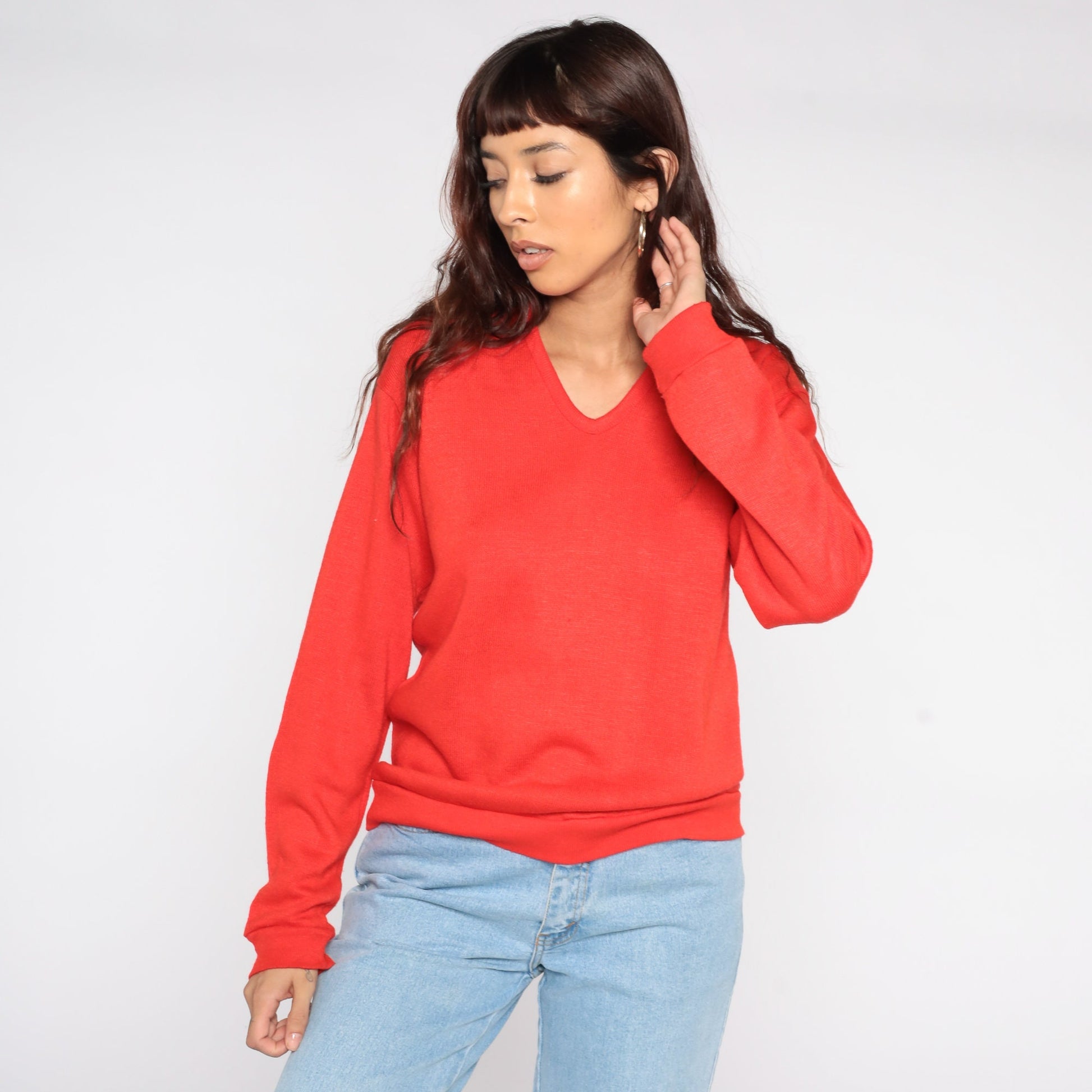 80s Red V-Neck Knit Sweater Slouchy Pullover Medium