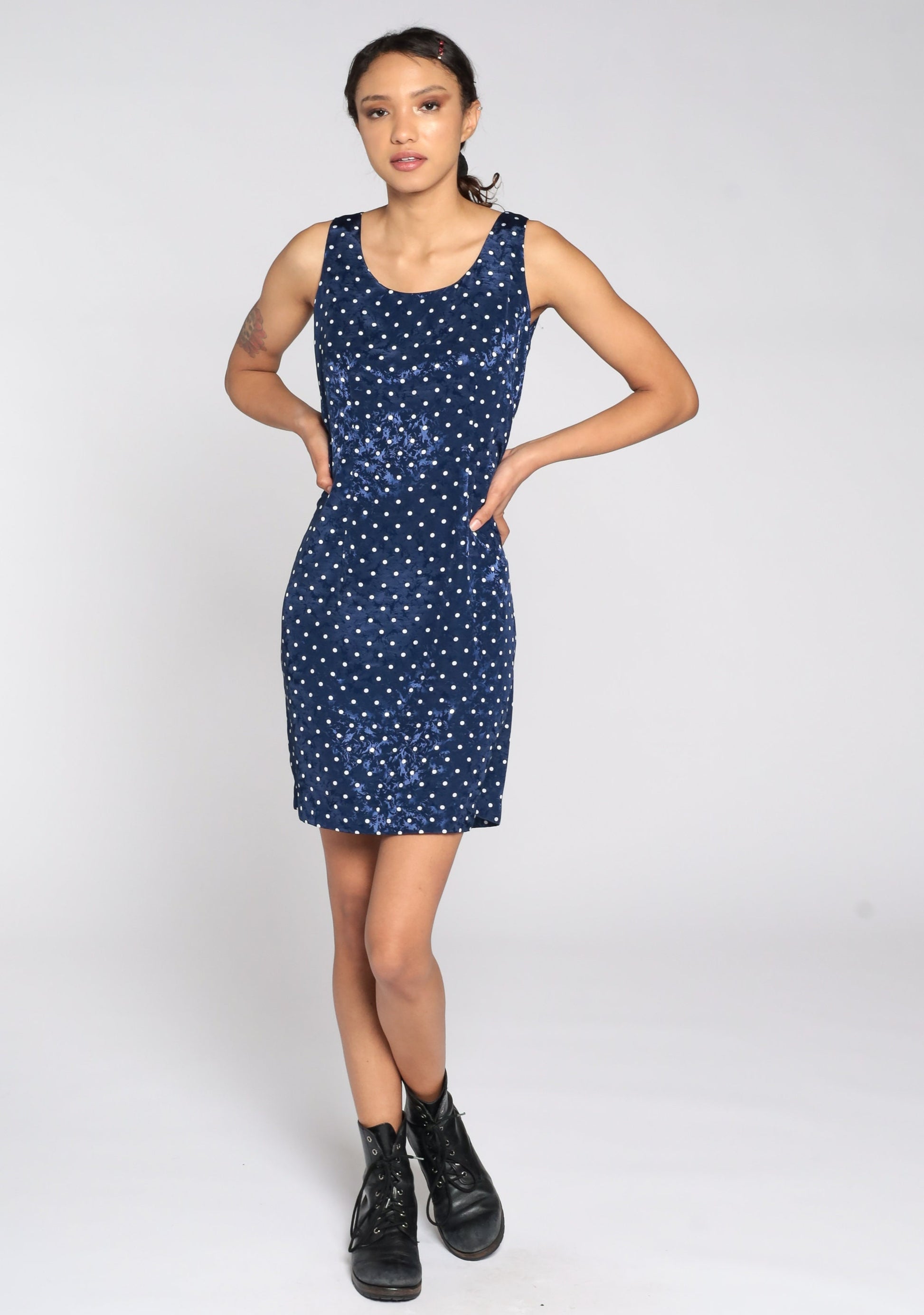 90s Polka Dot Mini Dress Sleeveless Sheath Navy White Embossed Small S