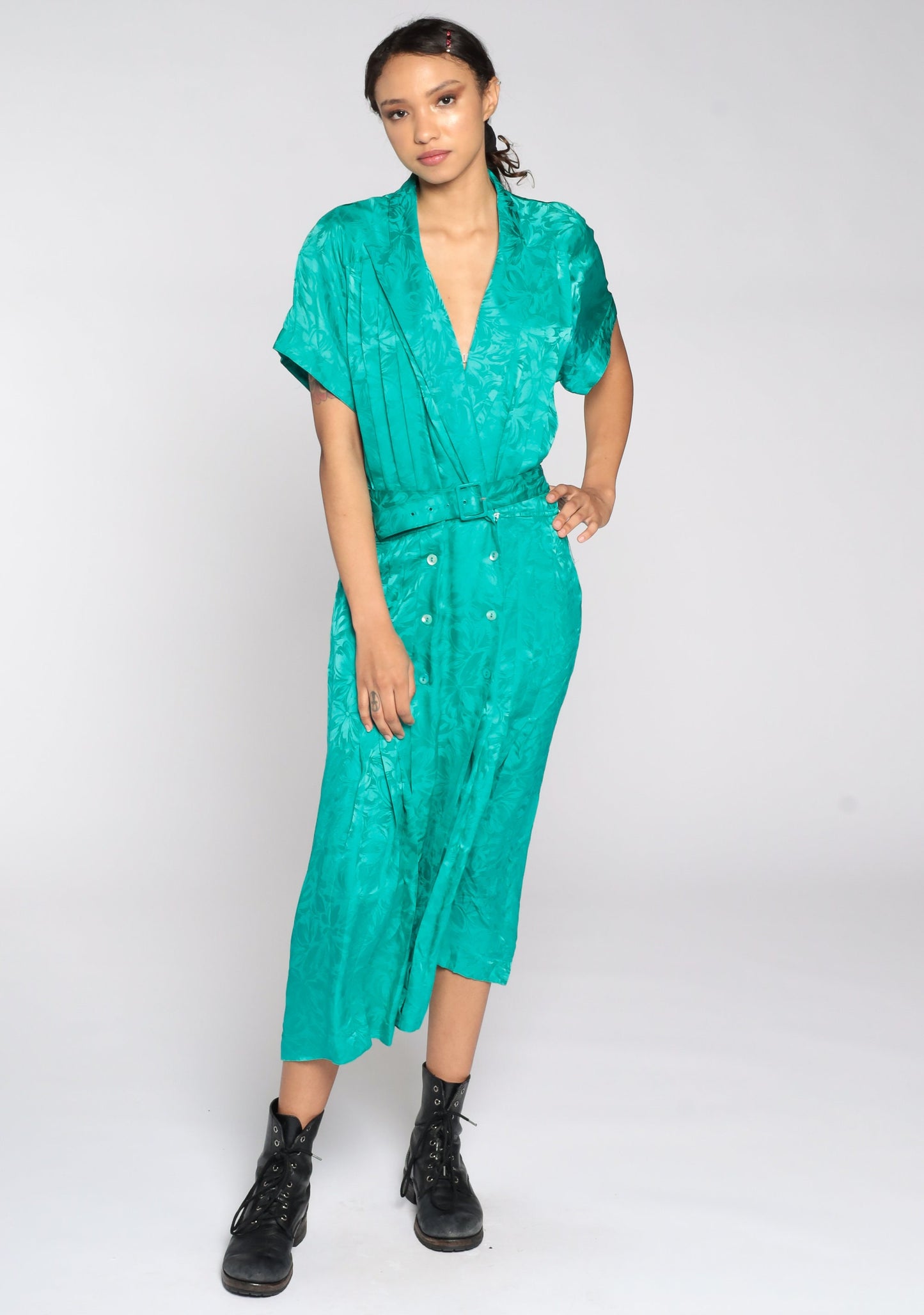 80s Green Wrap Dress High Waisted Deep V Neck Midi Embossed Extra Large