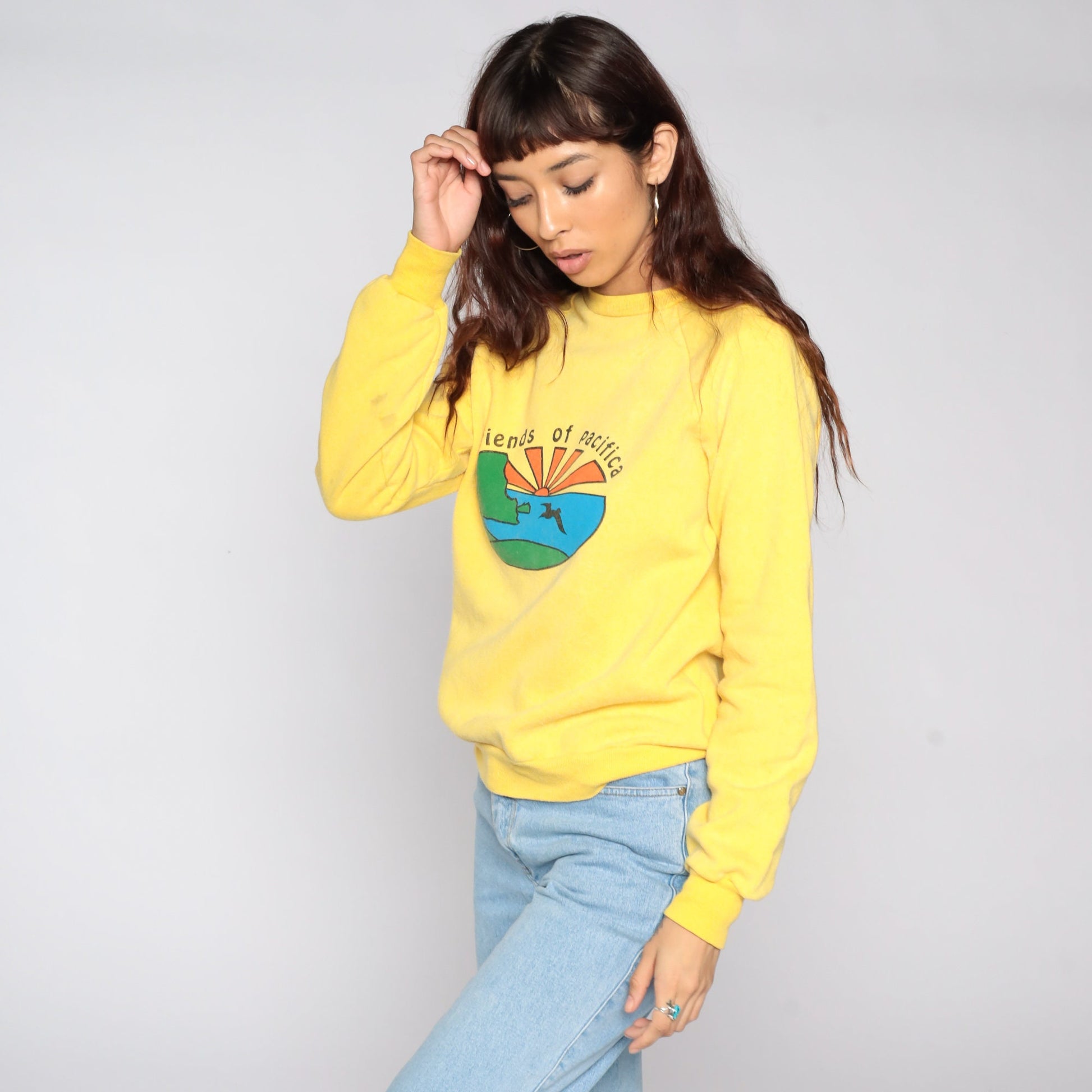 80s Friends of Pacifica Bird Sweatshirt Yellow Raglan Crewneck Medium