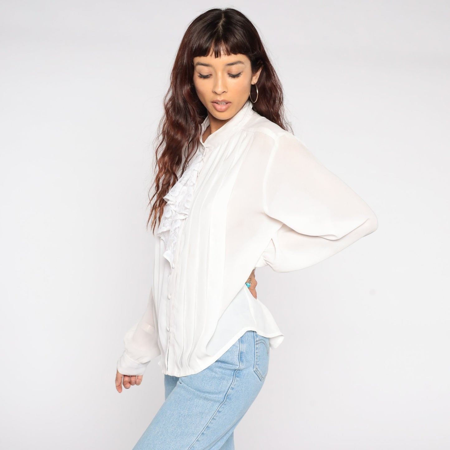 80s White Lace Tuxedo Blouse Ruffle Front Button Up Long Sleeve Medium