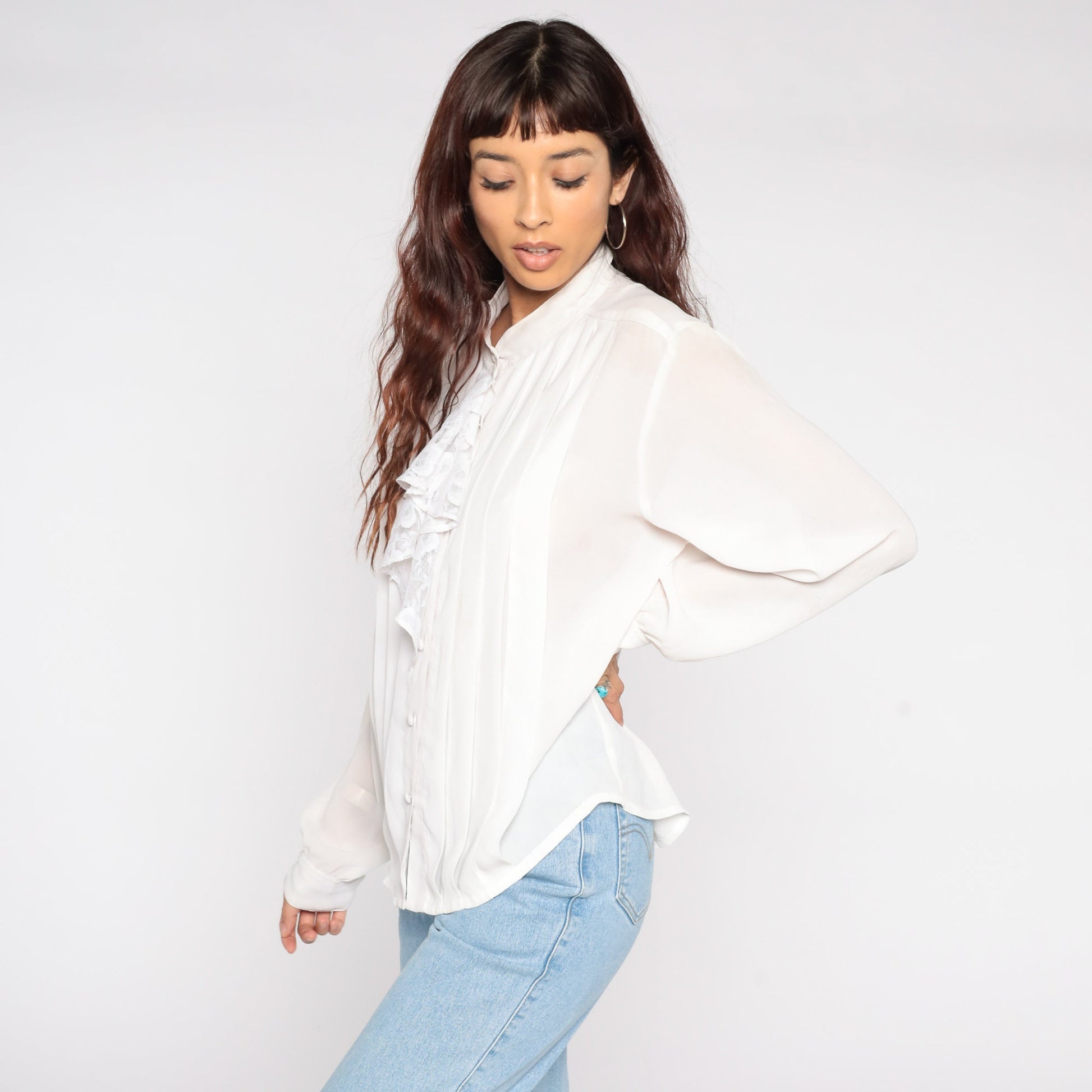 80s White Lace Tuxedo Blouse Ruffle Front Button Up Long Sleeve Medium