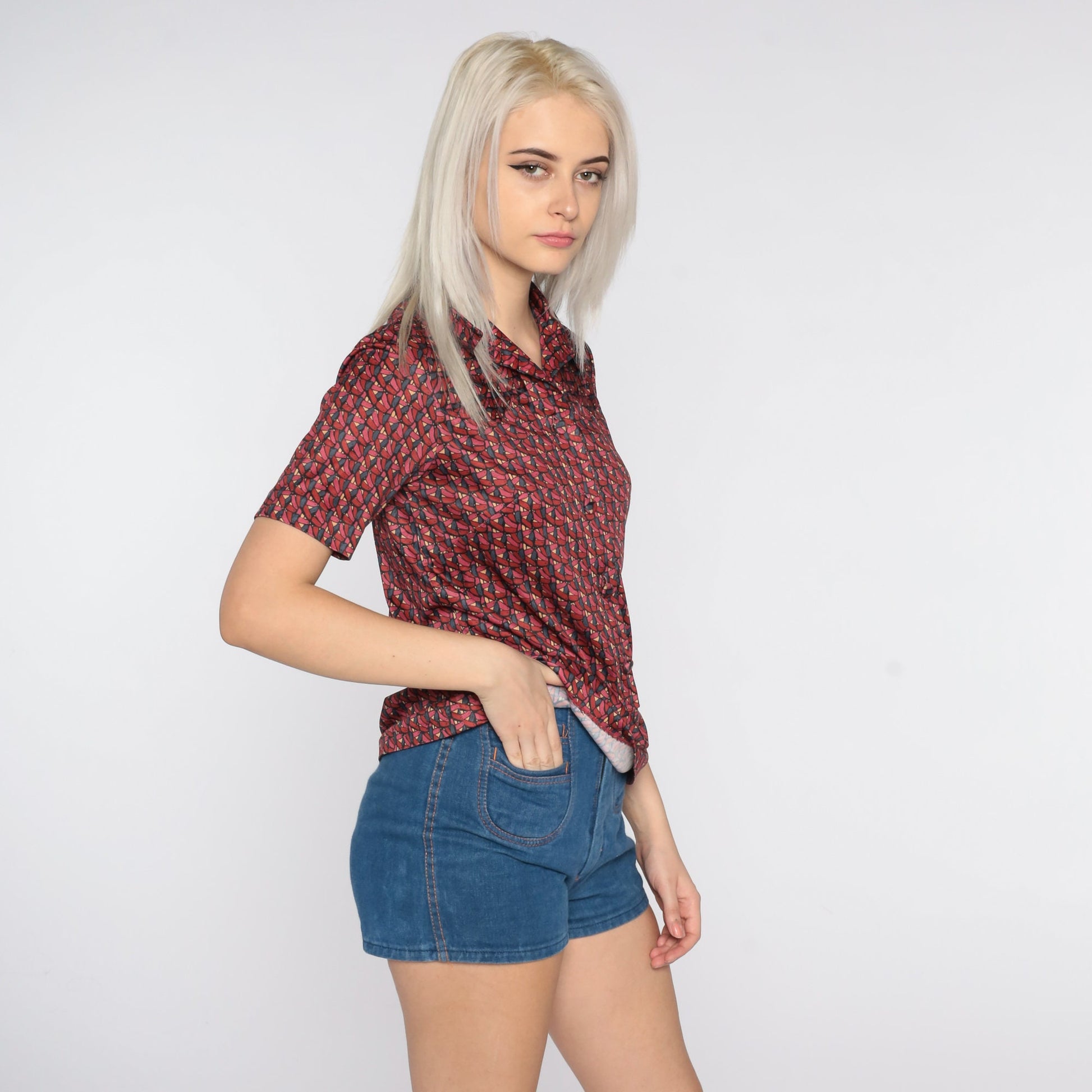 70s Geometric Print Disco Shirt Red Button-Up Blouse Short Sleeve Small S