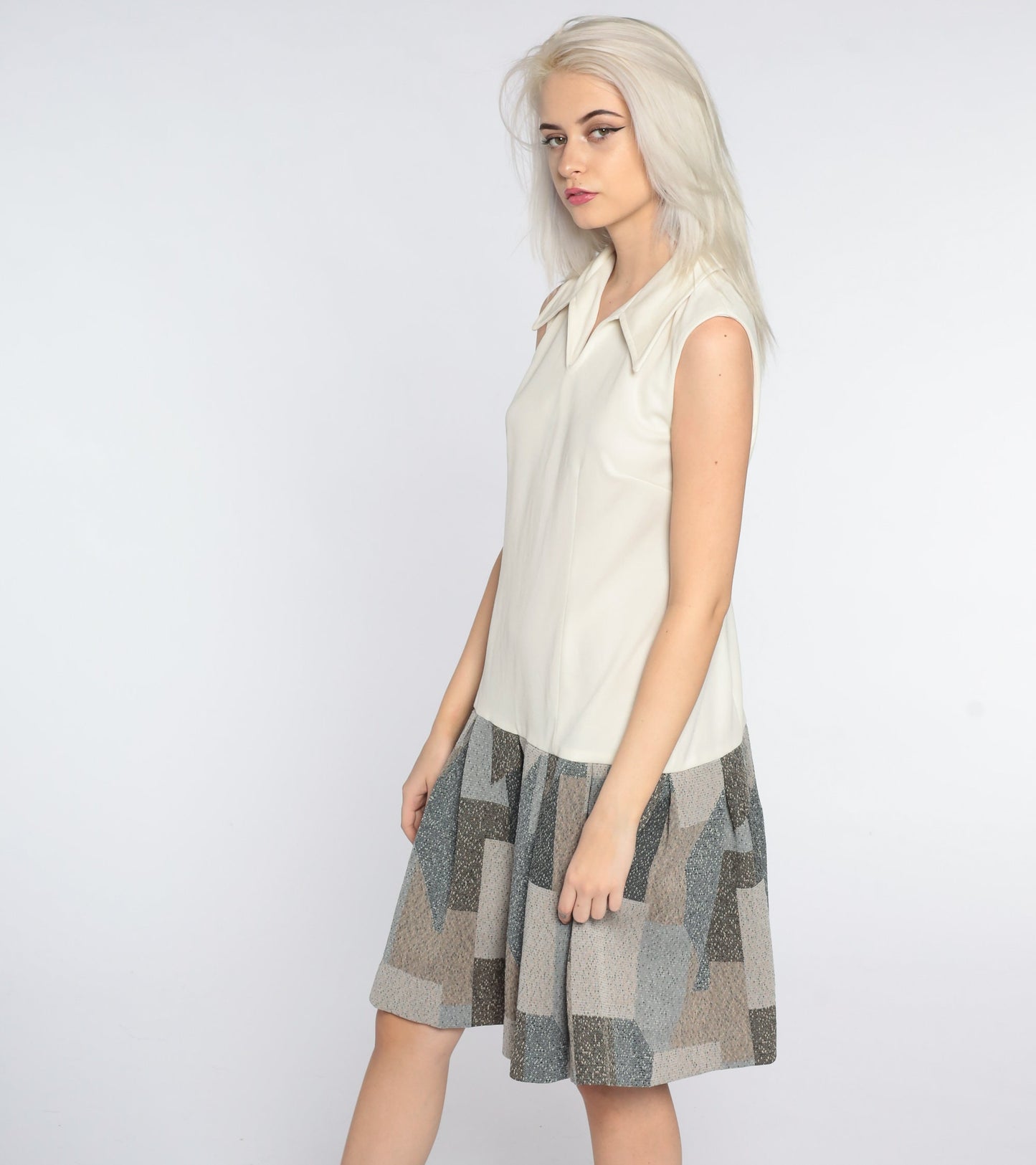 60s Mod Mini Dress Drop Waist Pleated Geometric Print Long Sleeve Large