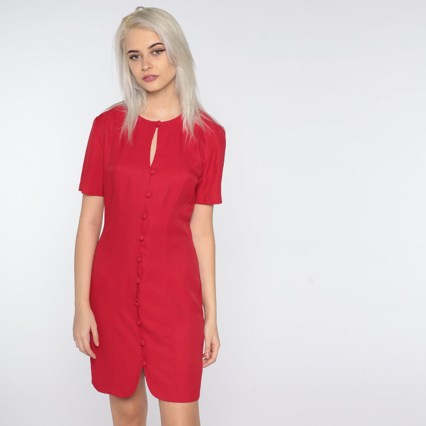 90s Red Mini Shift Dress Button Front Keyhole Short Sleeve Small