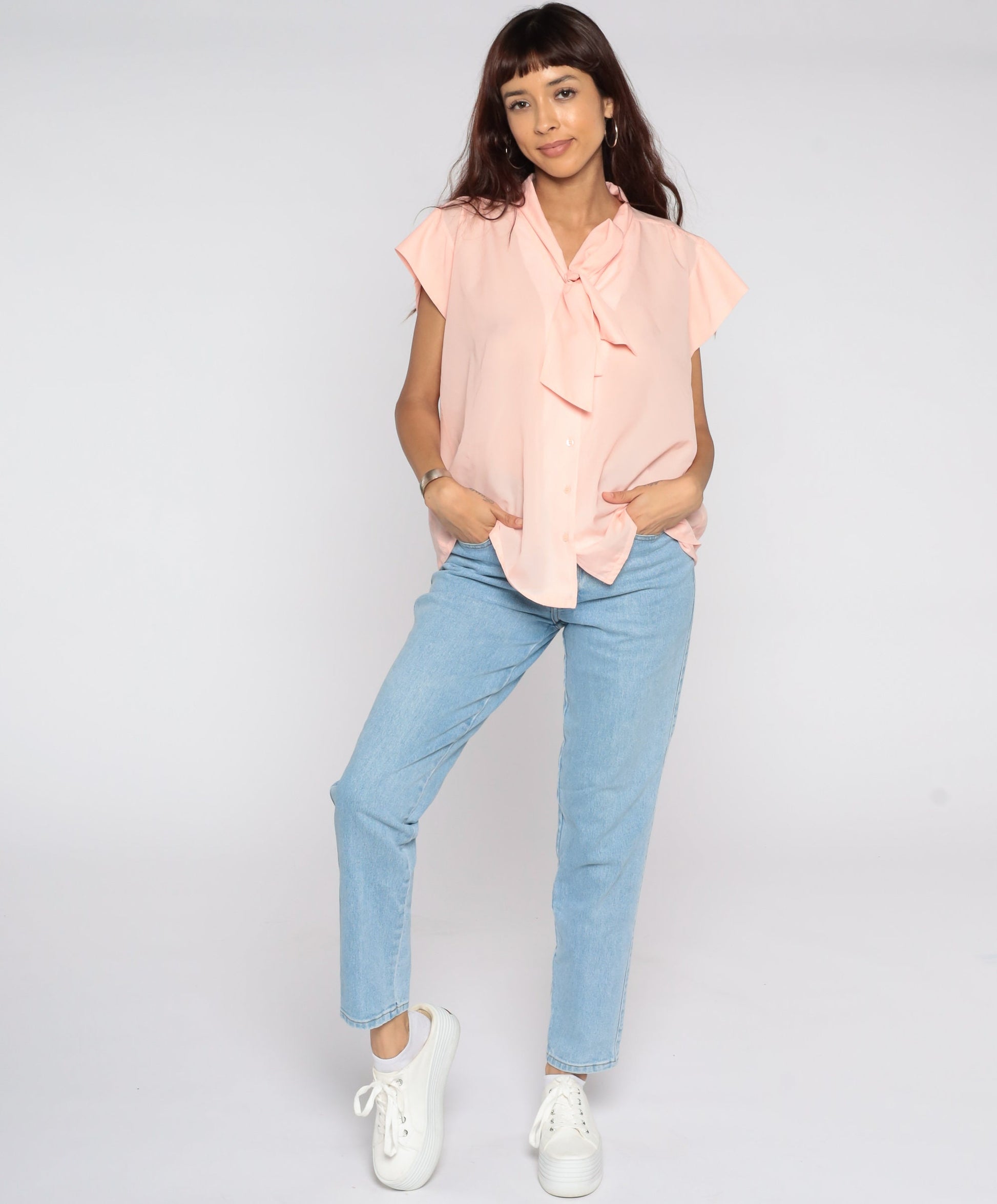80s Baby Pink Ascot Blouse Short Sleeve Button Up Secretary Top Large L