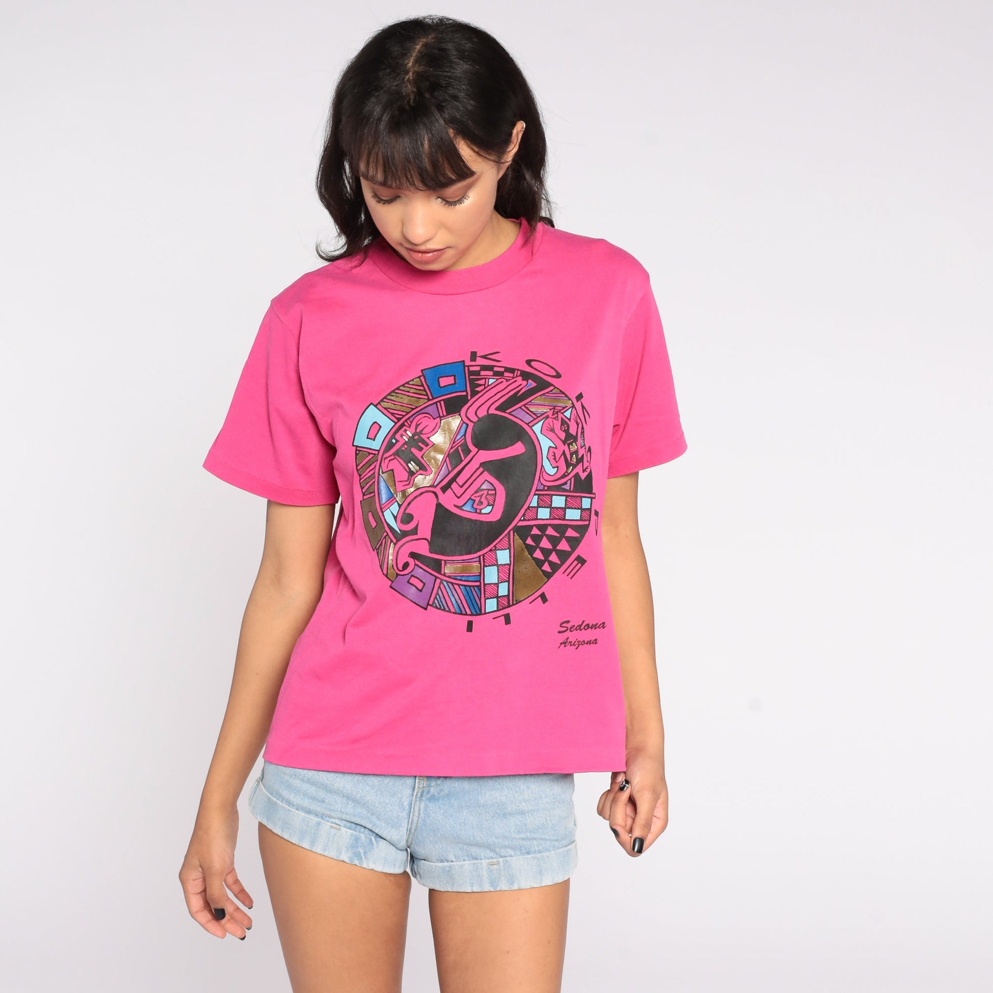 90s Sedona Arizona Kokopelli Graphic T-Shirt Hot Pink Cotton Medium