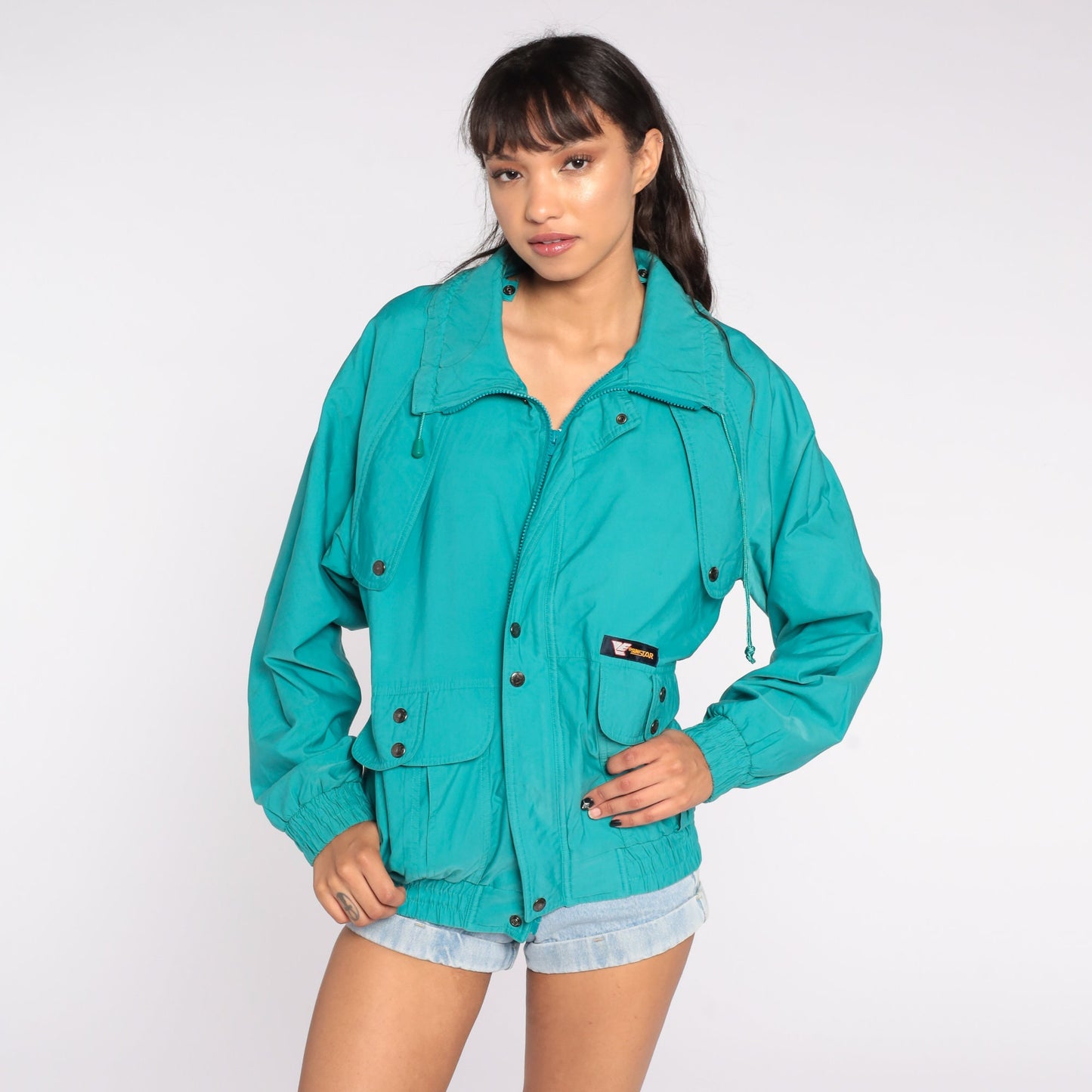 80s Turquoise Down Ski Jacket Nylon Puffer Coat Large