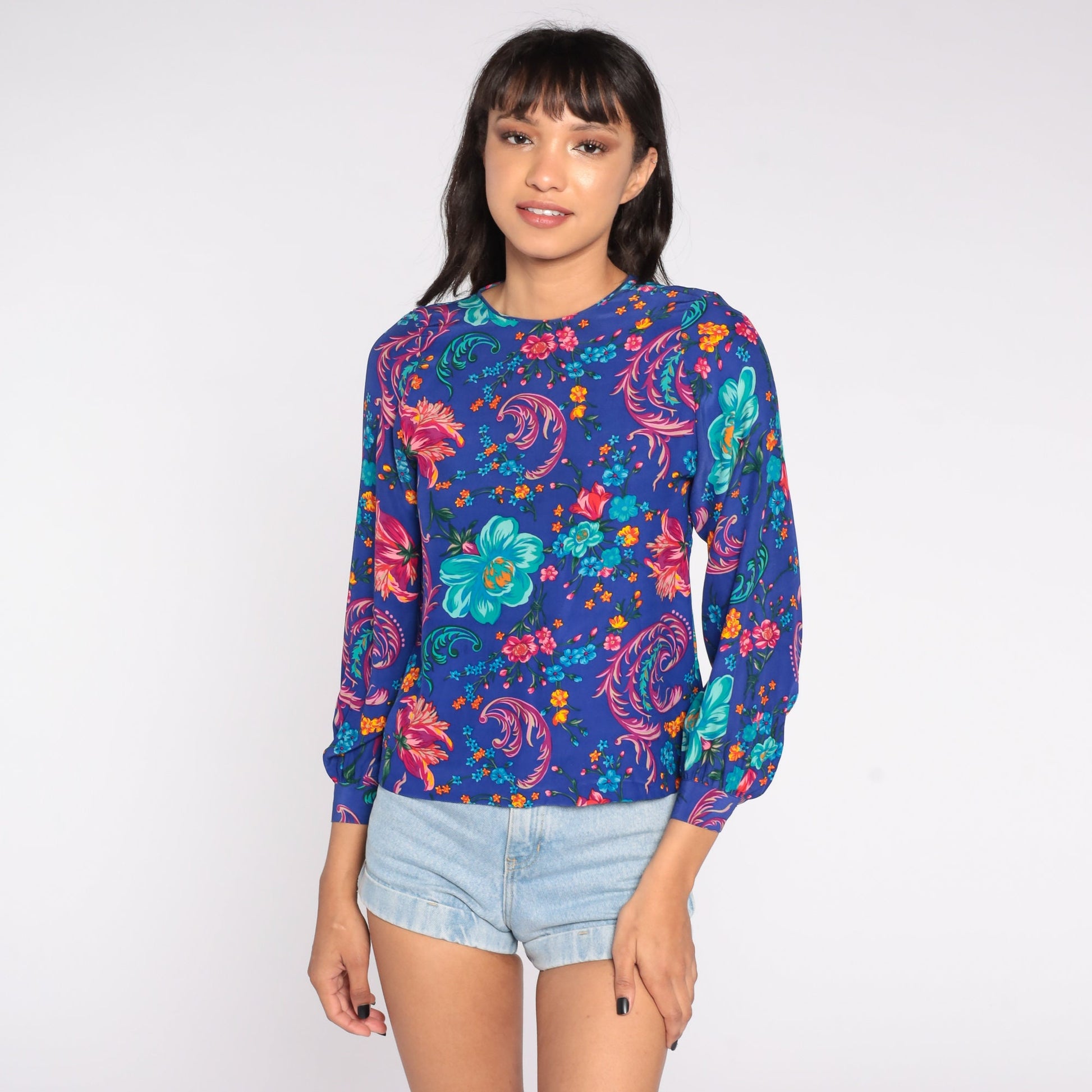 80s Silk Floral Blouse Puff Sleeve Button Back Blue Small
