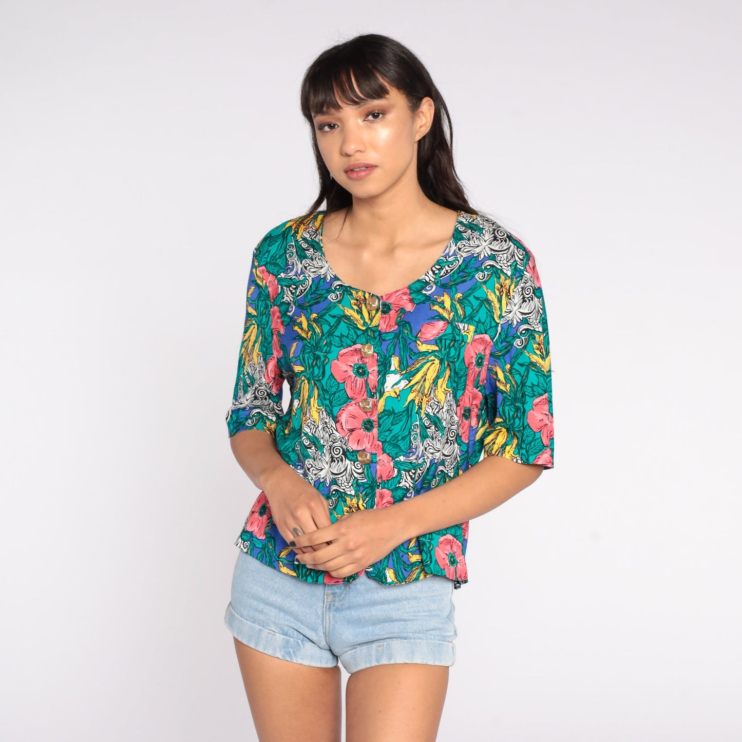 80s Tropical Floral Button Up Blouse Short Sleeve Blue Green Medium Large