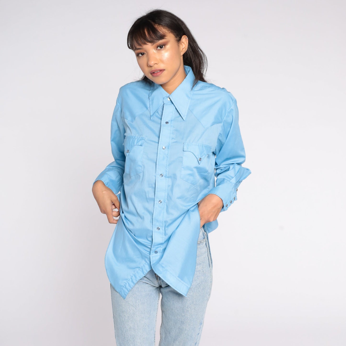 70s Blue Western Button-Up Shirt Long Sleeve Cotton Blend Medium