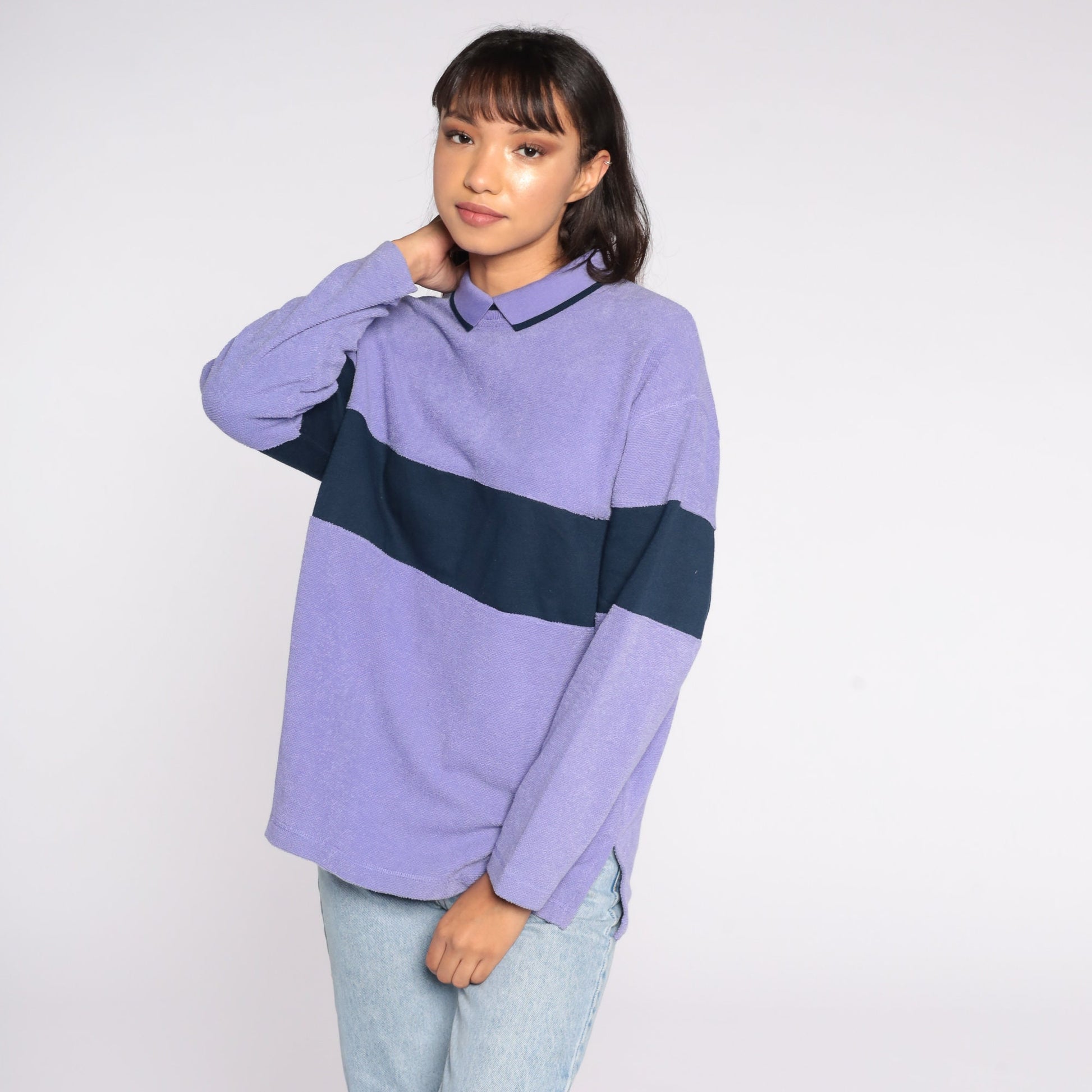 80s Purple Navy Striped Sweatshirt Collared Pullover Petite Medium