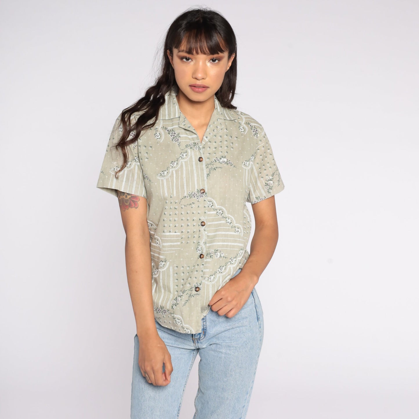 80s Taupe Floral Button-Up Blouse Short Sleeve Petite Small
