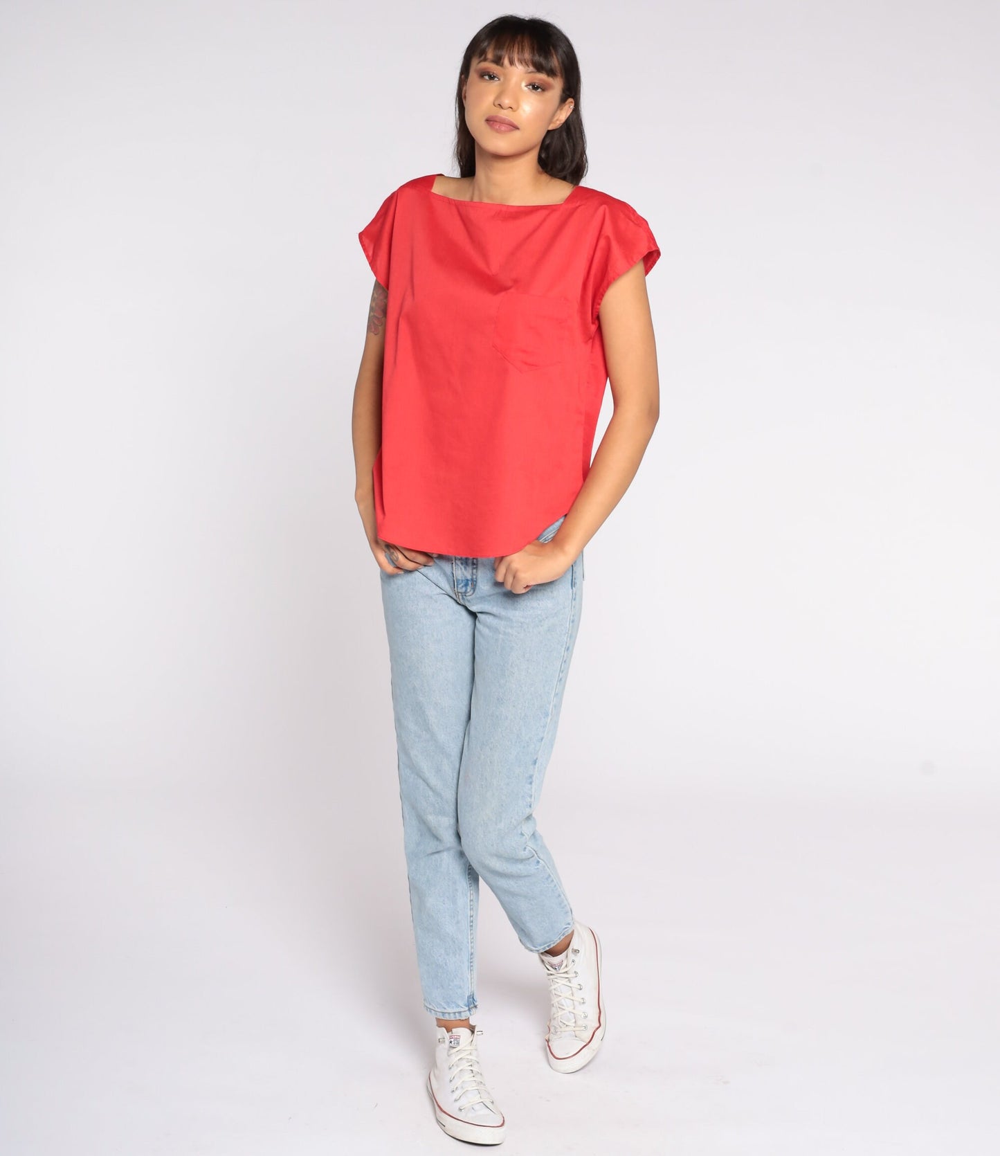 80s Red Cap Sleeve Blouse Cotton Blend Plain Shirt Large L