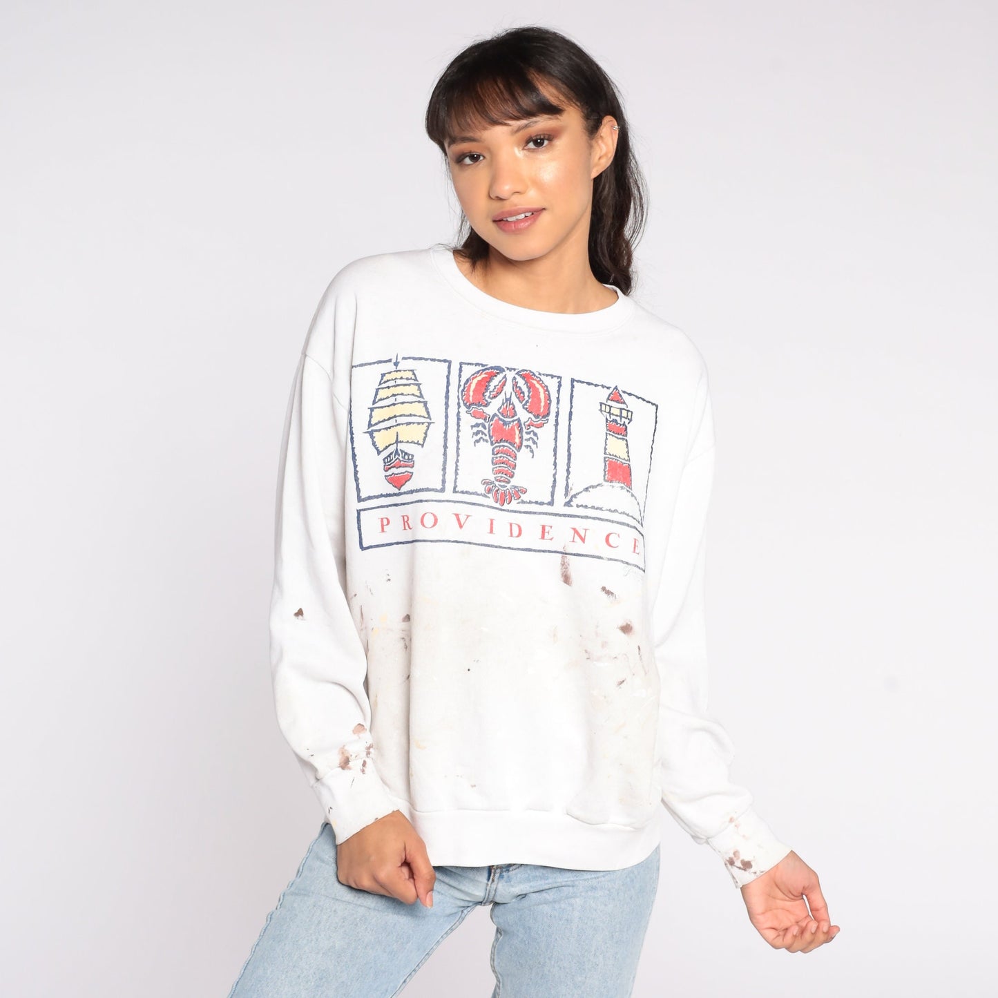 90s Providence Rhode Island Lobster Sweatshirt Paint Splatter Distressed Large
