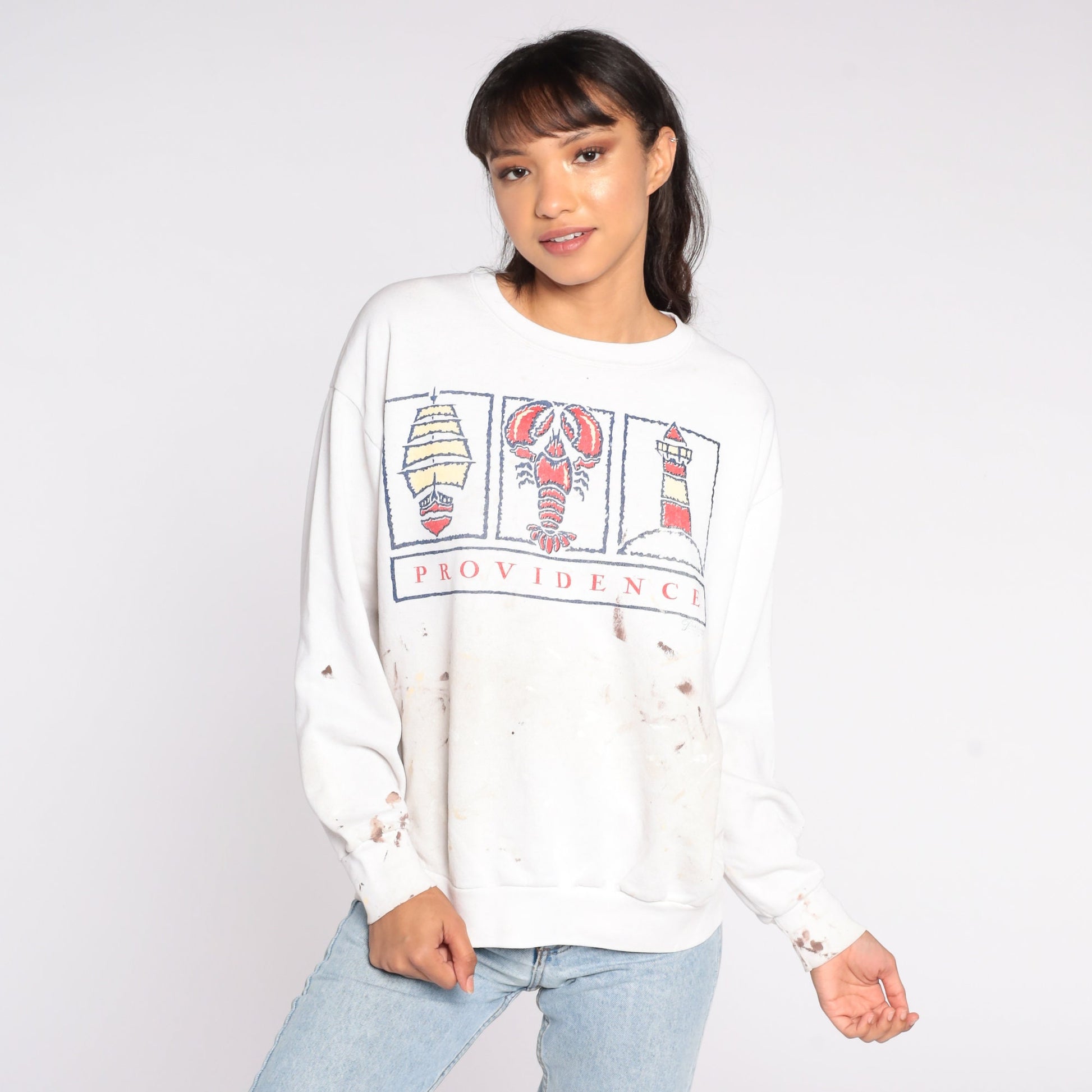 90s Providence Rhode Island Lobster Sweatshirt Paint Splatter Distressed Large