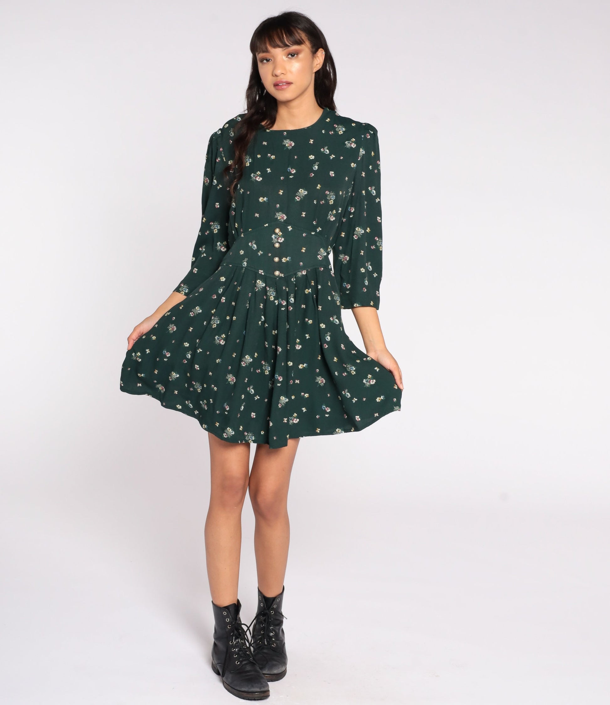 80s Green Floral Mini Dress Puff Sleeve High Waisted Medium