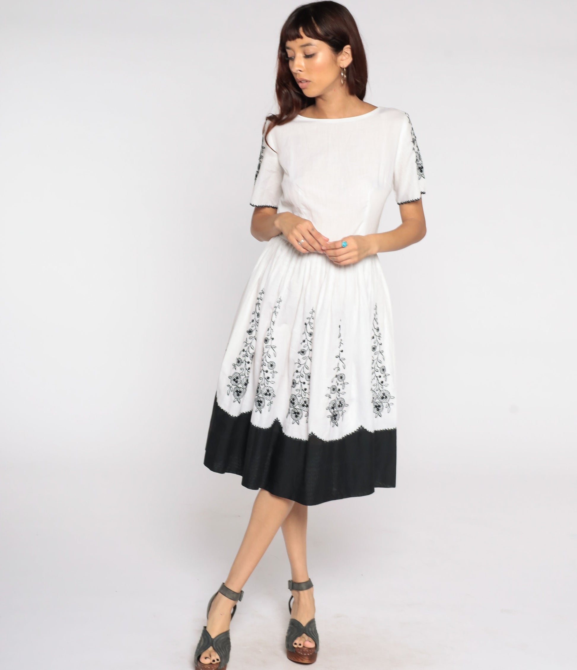 60s L'Aiglon Black White Floral Embroidered Midi Dress Cotton Small