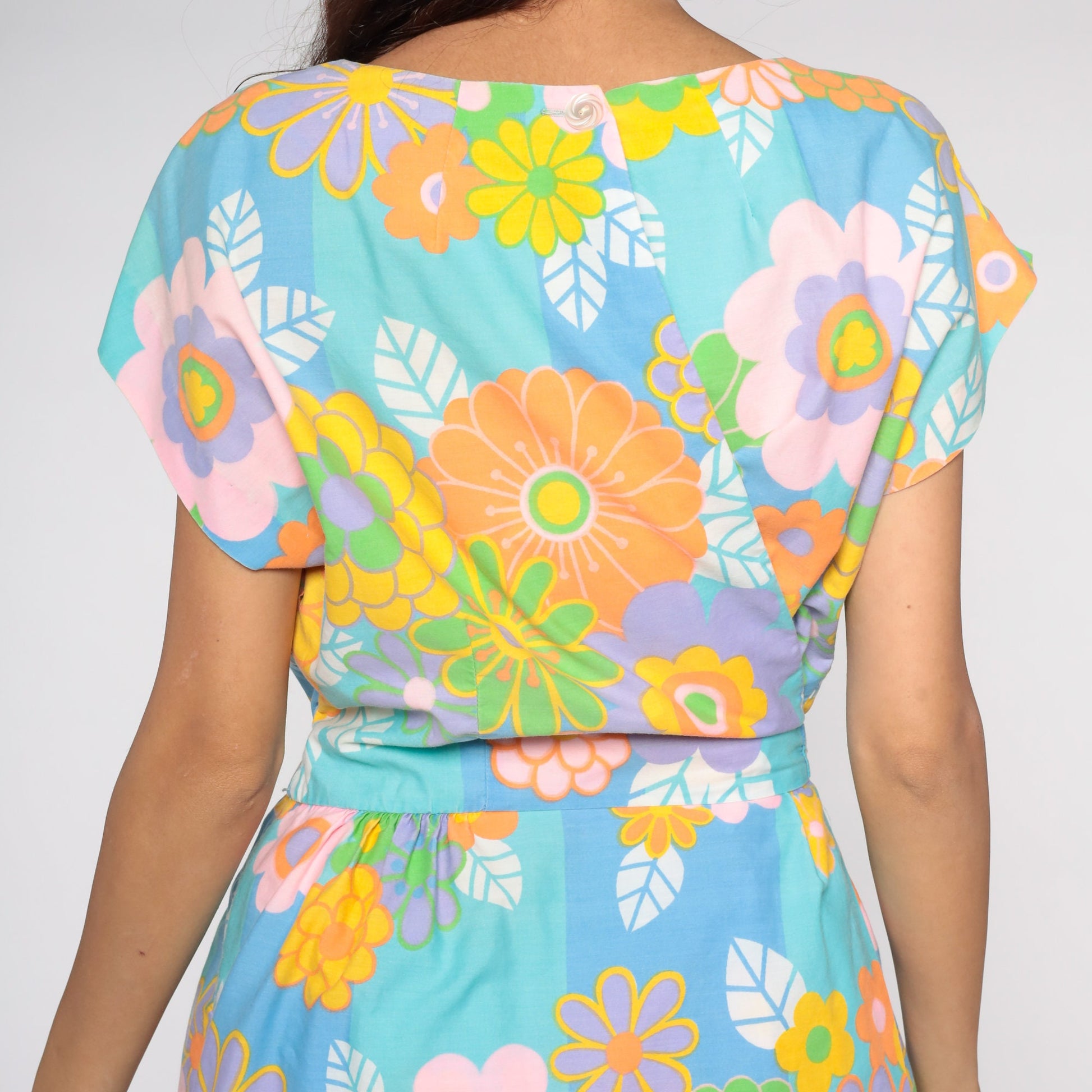 1960s Floral Wrap Dress Midi Blue Orange Flower Print Large L