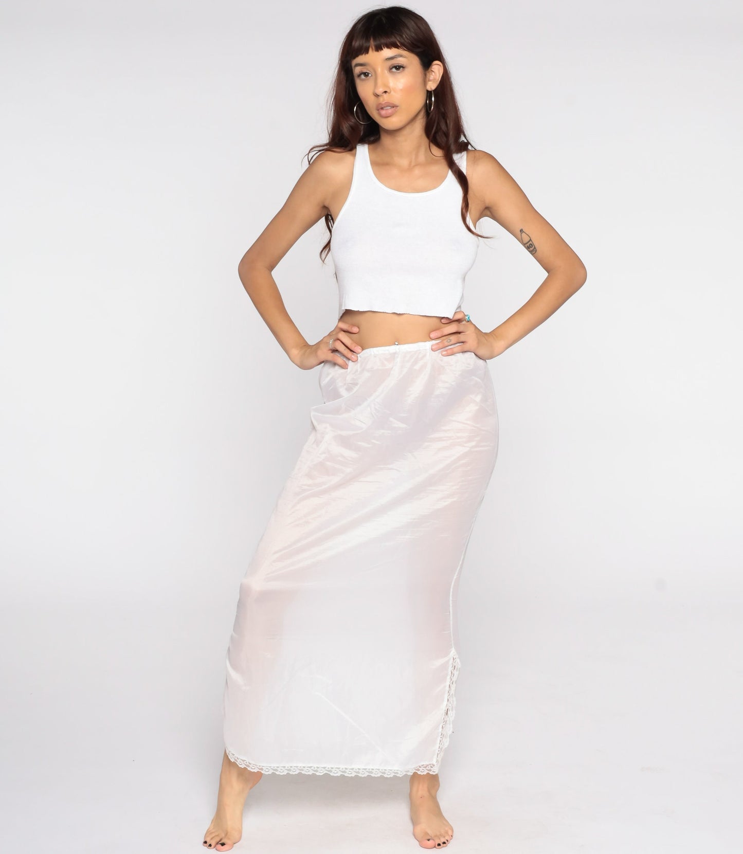 70s White Sheer Slip Skirt Lace Trim Maxi Small Medium