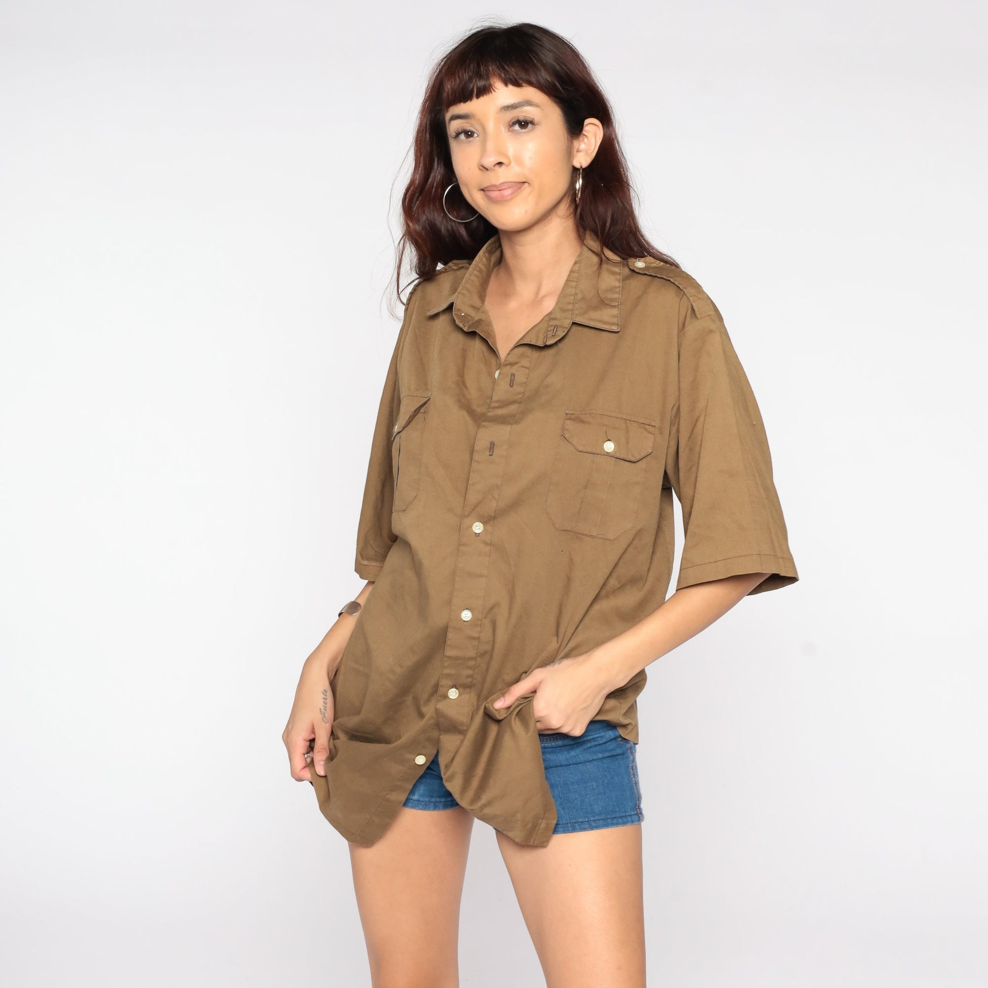 70s Brown Button Up Shirt Epaulette Collar Short Sleeve Men's Extra Large