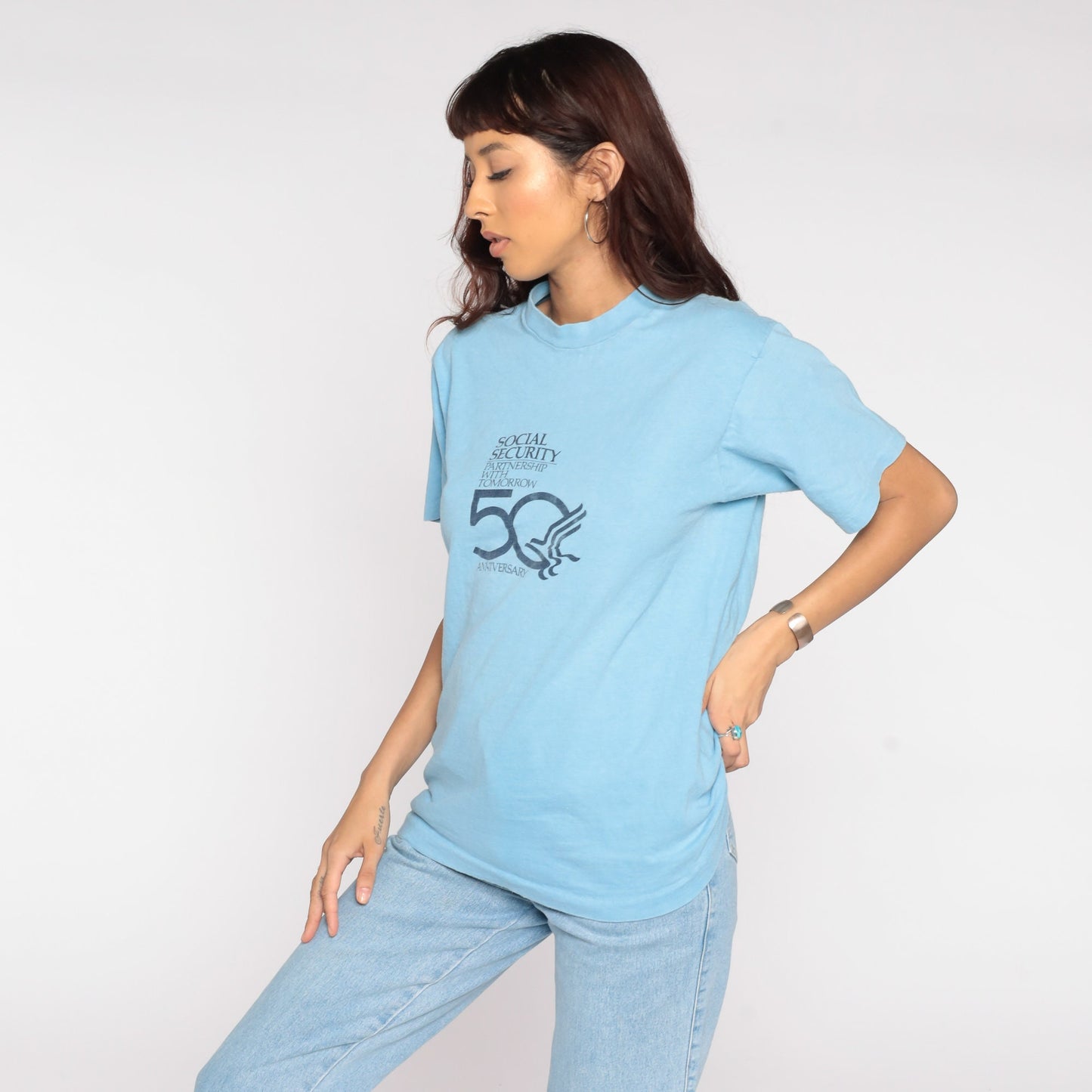 1985 Social Security Graphic T-Shirt 80s Slogan Tee Baby Blue Medium
