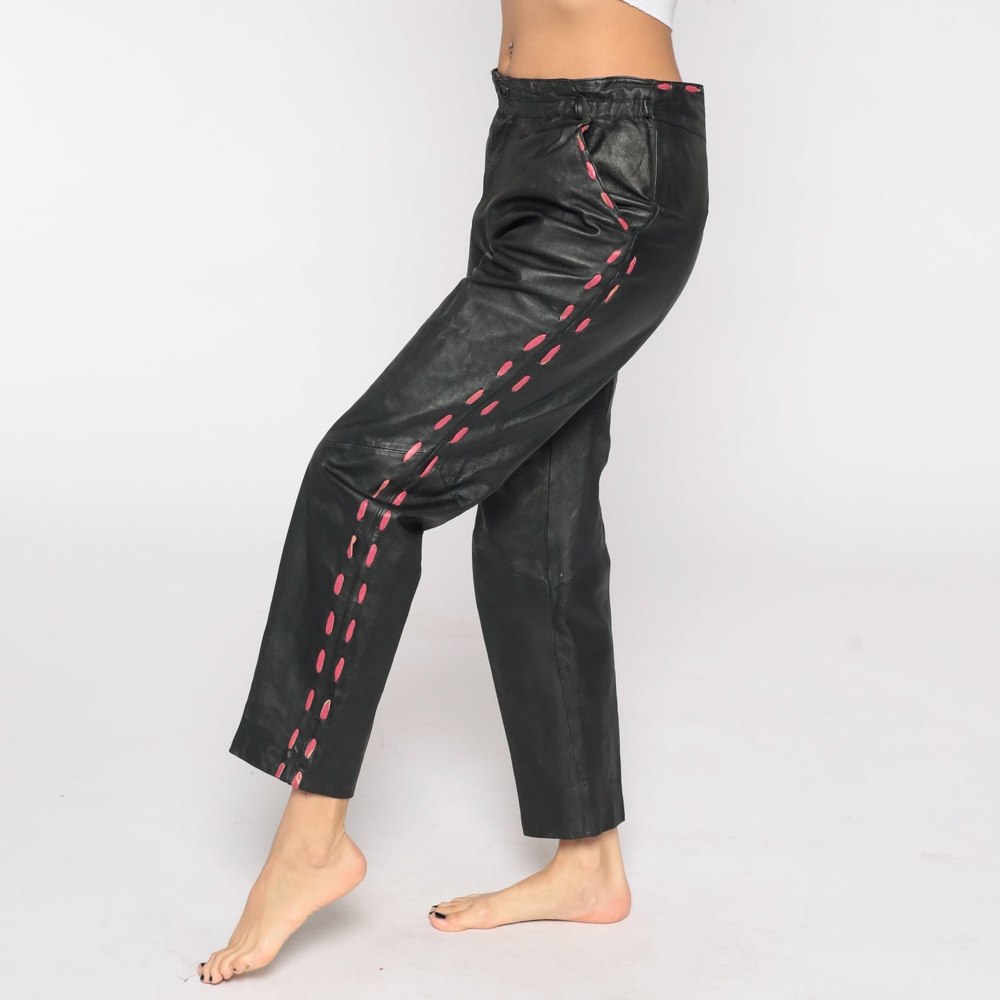 80s Black Leather High-Waist Tapered Pants Medium