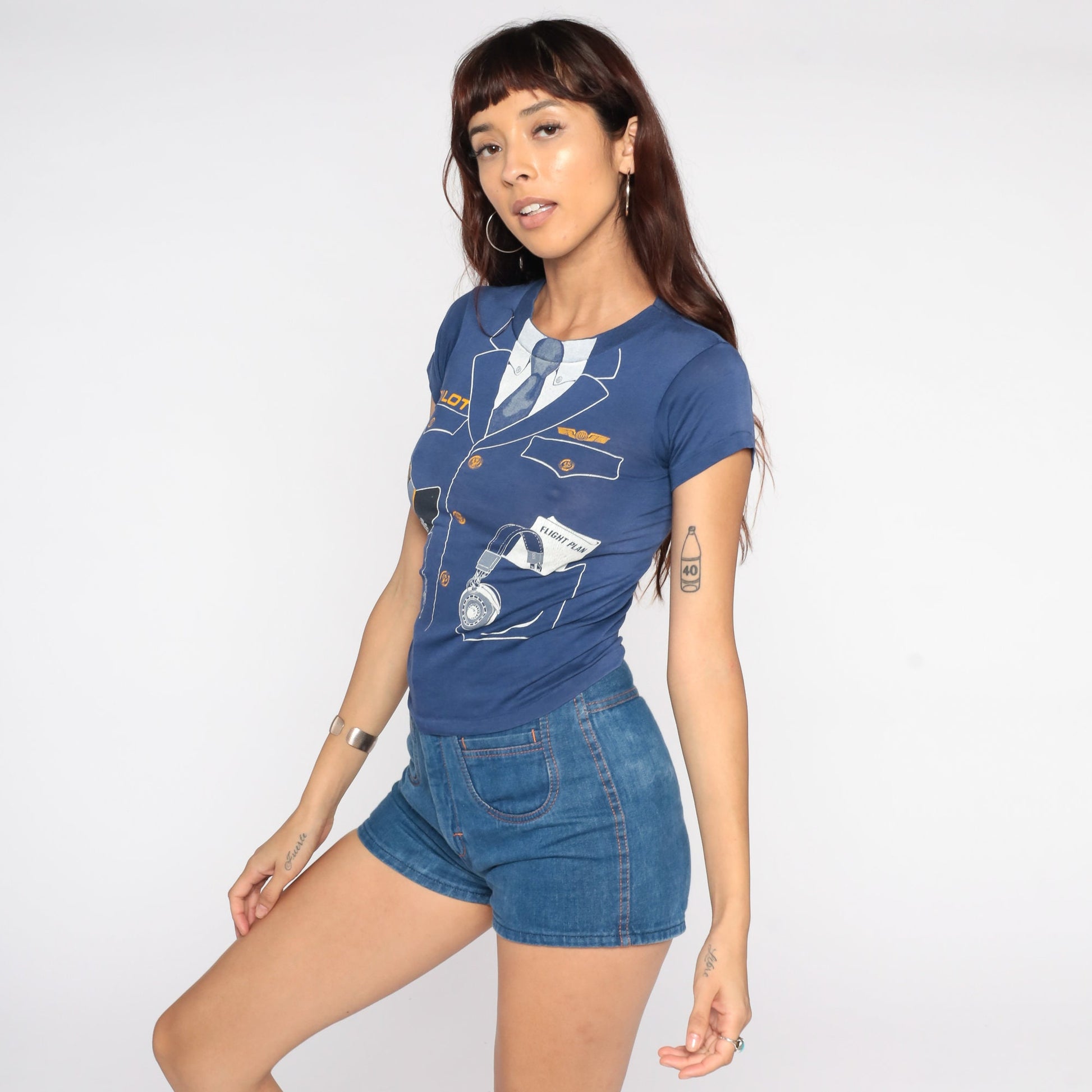 80s Pilot Uniform Graphic T-Shirt Distressed Cotton Single Stitch Extra Small