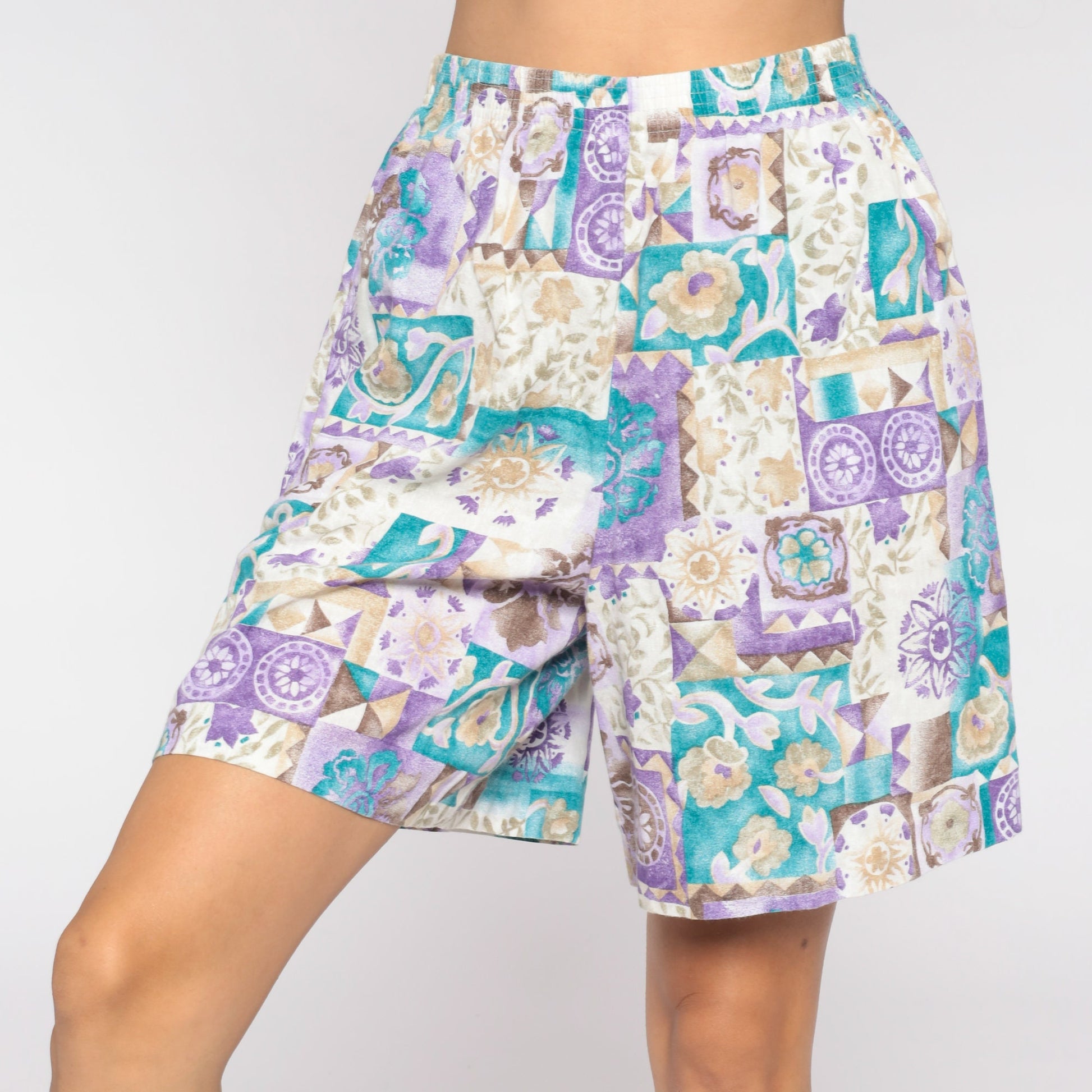 90s Floral High-Waisted Shorts Purple Turquoise Baggy Wide Leg Medium