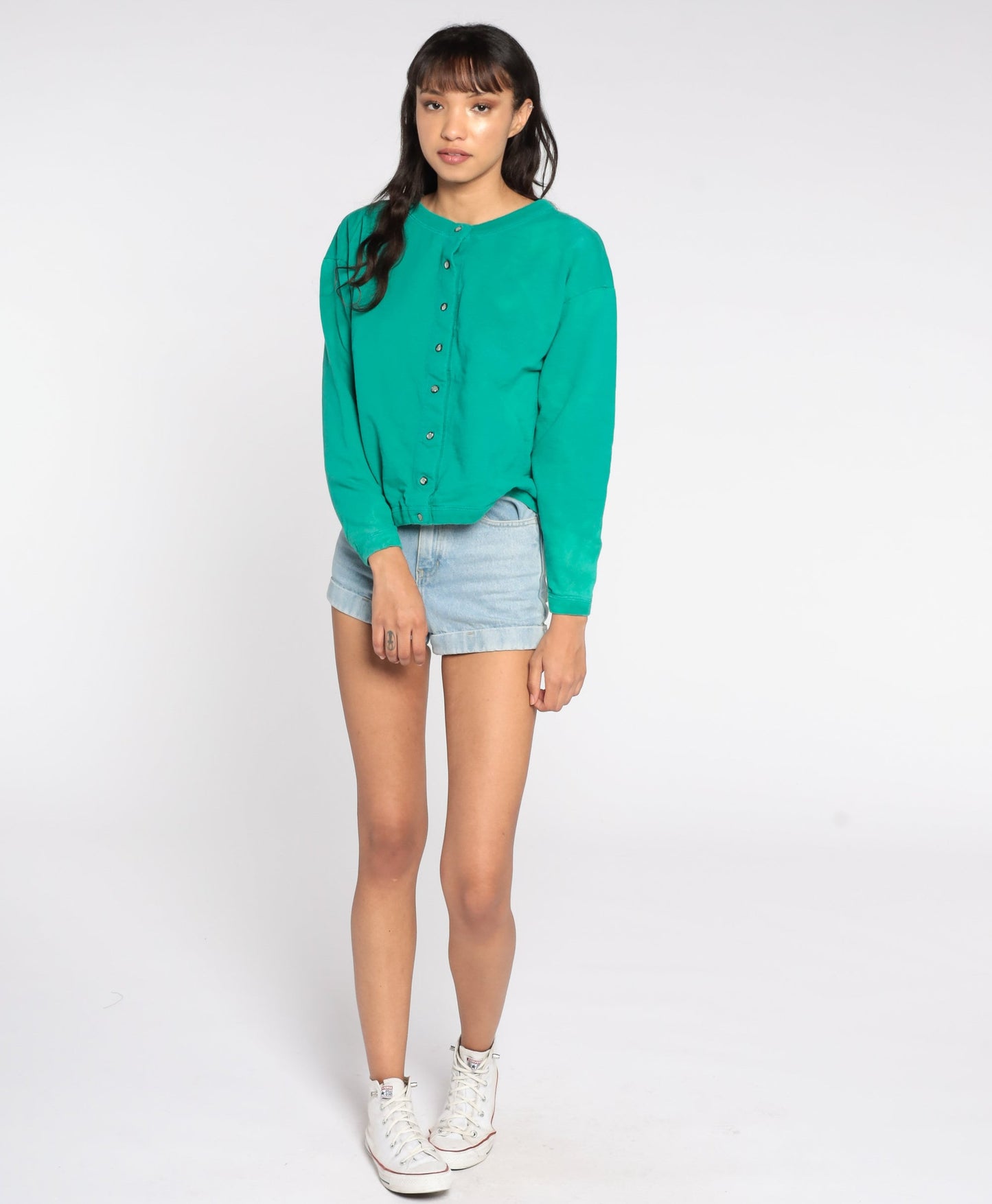 80s Green Button-Up Cardigan Sweatshirt Cotton Blend Large