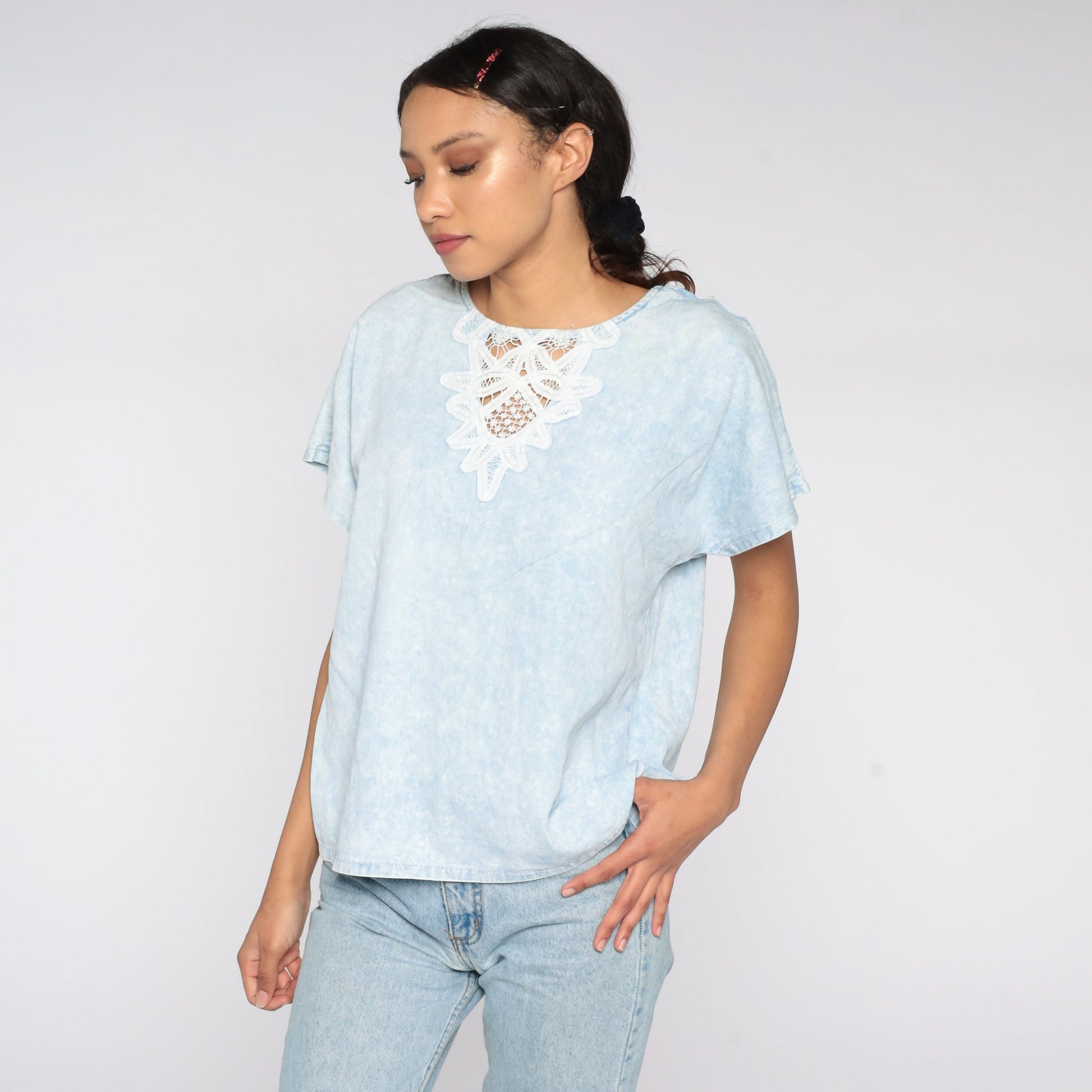 80s Blue Acid Wash Lace Cutout Blouse Cotton Top Medium