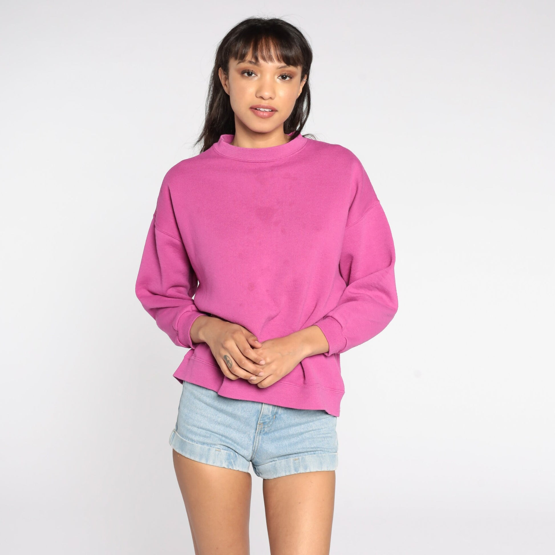 80s Fuchsia Sweatshirt Plain Crewneck Pullover Cotton Blend Large L