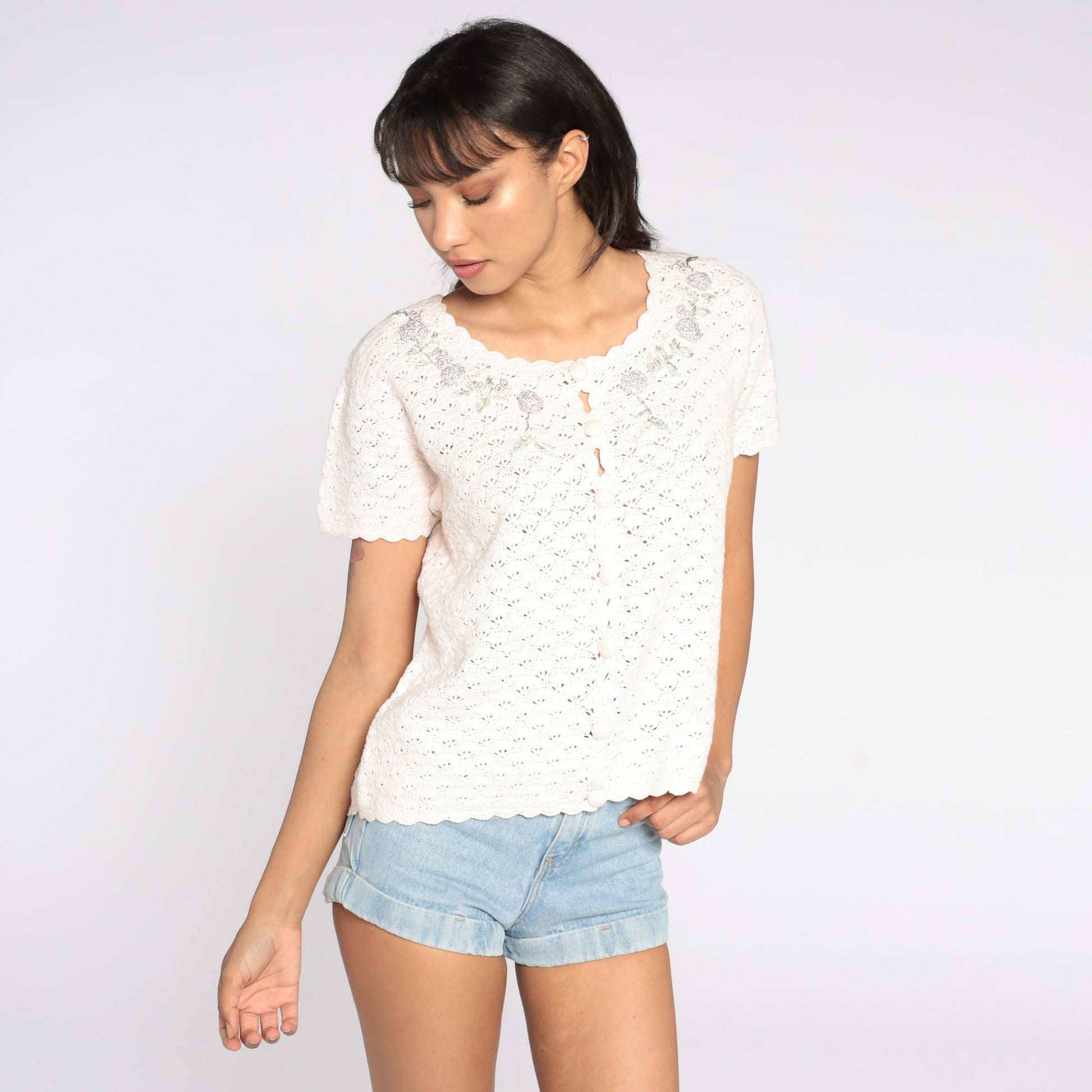 90s White Crochet Blouse Floral Embroidery Button-Up Short Sleeve Medium Large