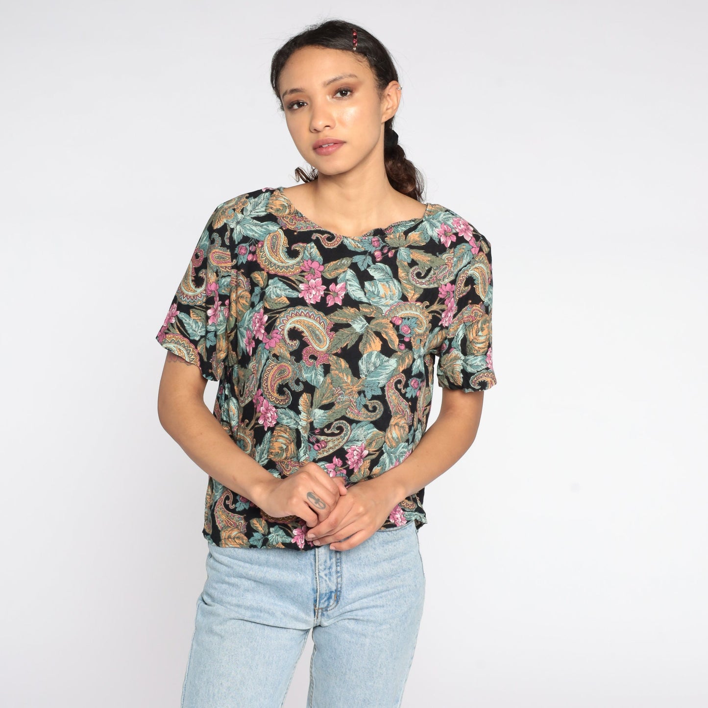 90s Paisley Floral Blouse Black Polyester Short Sleeve Medium